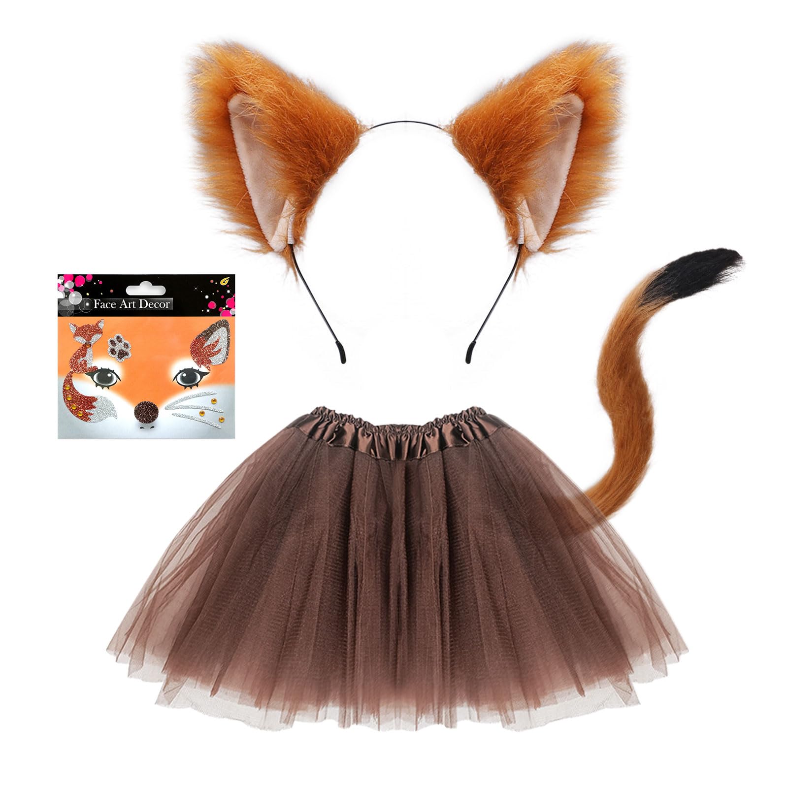 4 pezzi costume da volpe per bambini e adulti, orecchie di volpe finte, fascia per capelli, coda, tutù, gonna, tatuaggi, per travestimenti, cosplay, Halloween, festa mondiale del libro