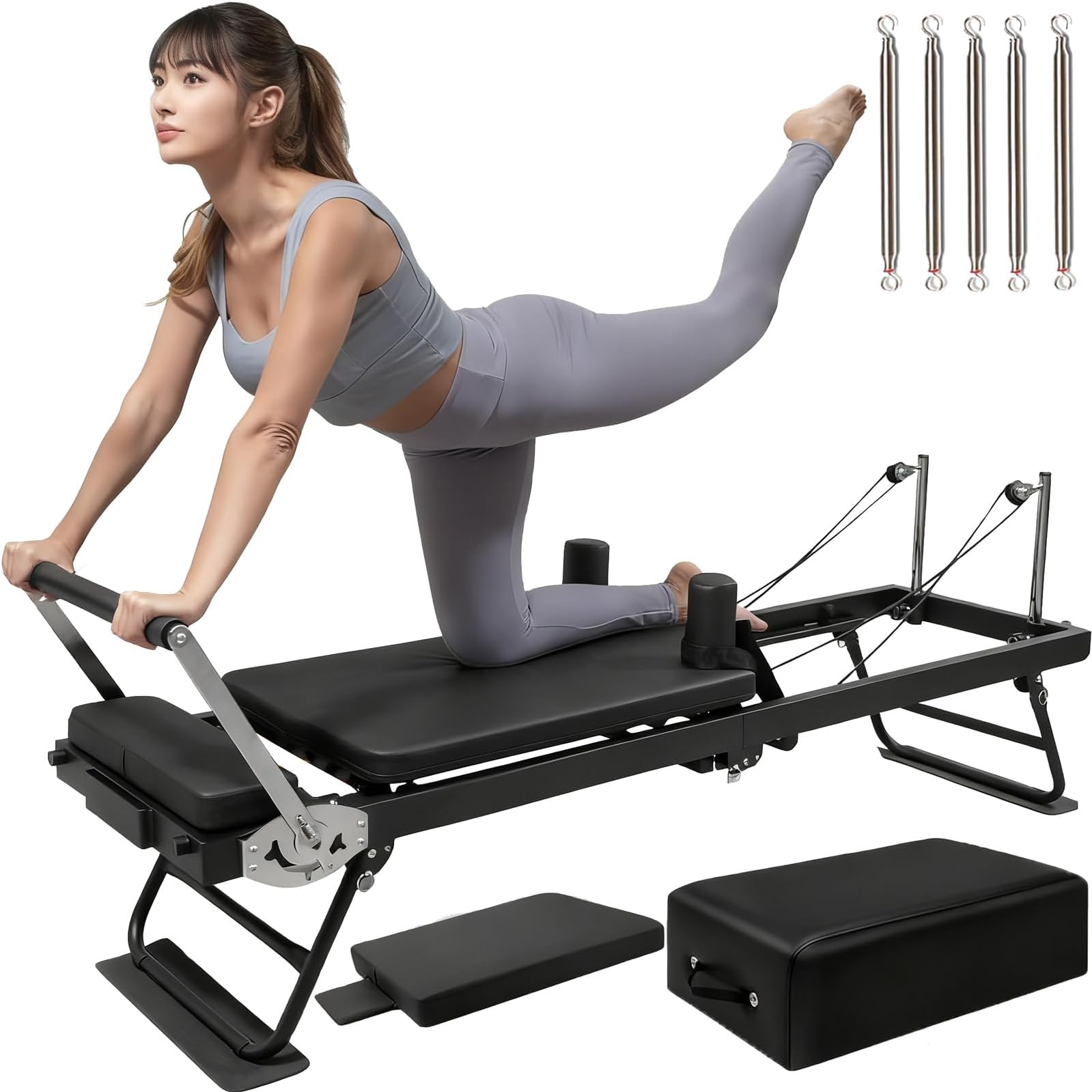 Pilates Machine, Home Folding Pilates Reformer Core Bed Training Machine, Pilates Exercise Equipment, Pilates Sitting Box, Spring Board, Extra 5 Stainless Steel Springs