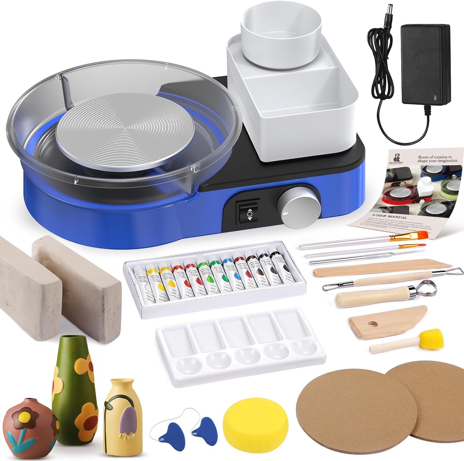 Töpferscheibe Elektrisch Set für Anfänger & Profis – Komplettes Töpferset für Zuhause mit 1kg Ton, 0-200 U/min & Zubehör, Pottery Wheel Maschine für Kreative DIY-Projekte, Blau