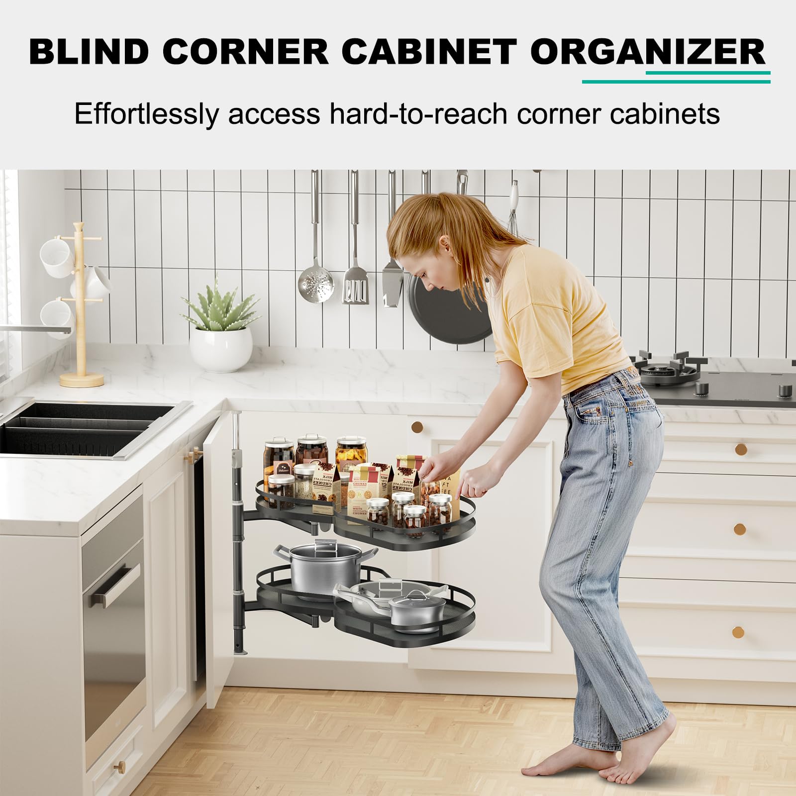 Lazy Susan - Organizer ad angolo per mobili ad angolo, 81,3 cm, a 2 ripiani, ad angolo, estraibile, con abbassamento automatico, altezza regolabile, colore: nero