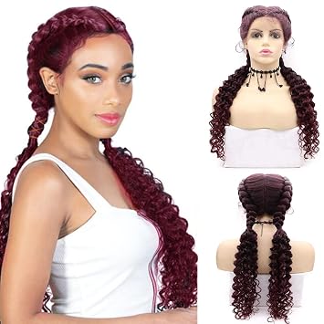 Burgundy Red Braided Wigs for Black Women Long Dutch Braiding Wig Lace Front Braid Wig with Baby Hair Wavy Full Lace Wig Glueless Heat Resistant Fiber Hair Cosplay 28 Inches