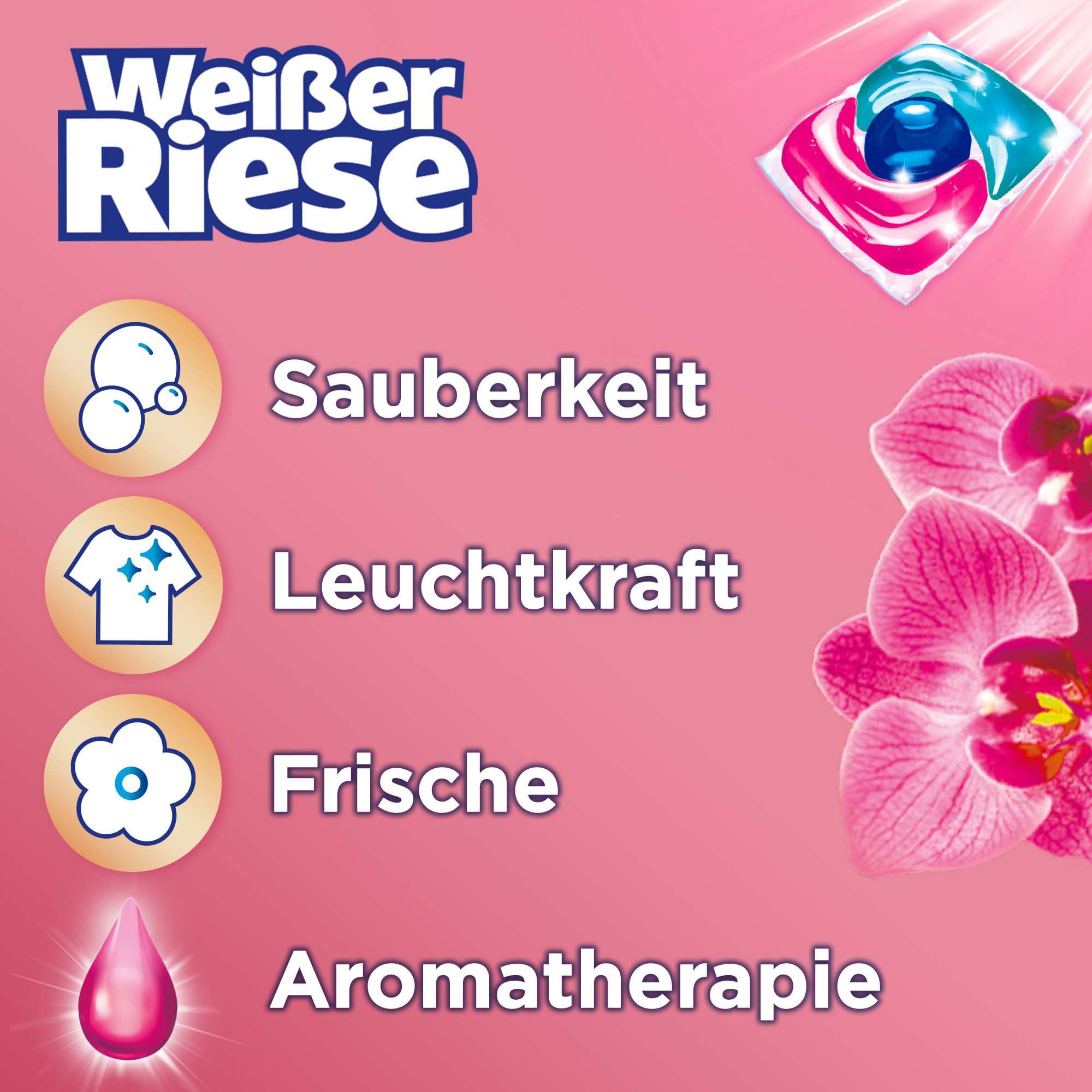 Weißer Riese Color Trio-Caps A-Th. Orchidee & Macadamiaöl (1x 120 WL), Color Waschmittel mit Good Mood-Duft & WC FRISCH Spa Momente Harmonie (1x 50g), langanhaltendes Dufterlebnis