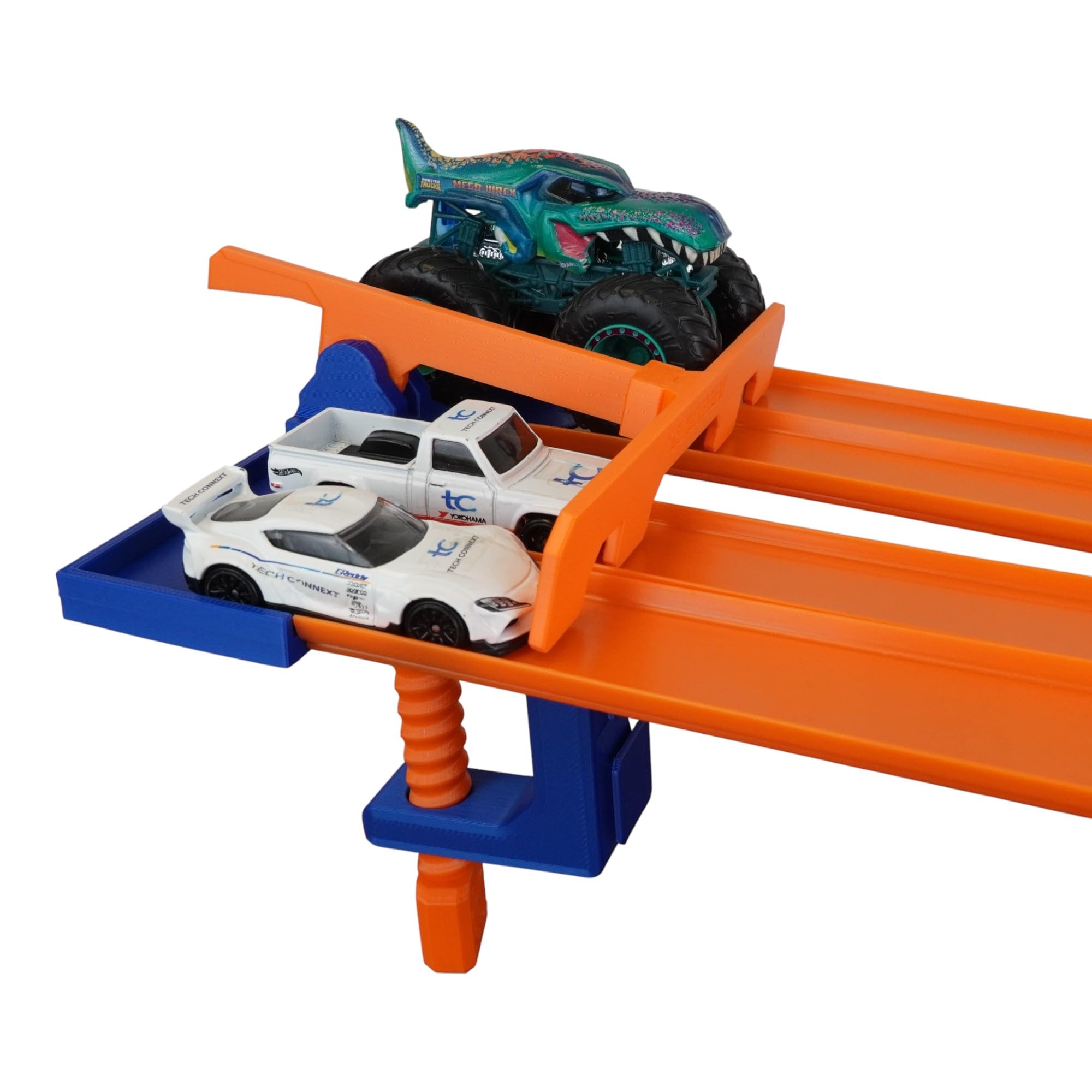 Monster Truck Track Clamp with 4 Lane Start Gate (Track NOT Included) | Compatible with Hot Wheels Track (Blue/Orange) | Eco-Friendly PLA | Made in USA | Monster Truck Track Accessory