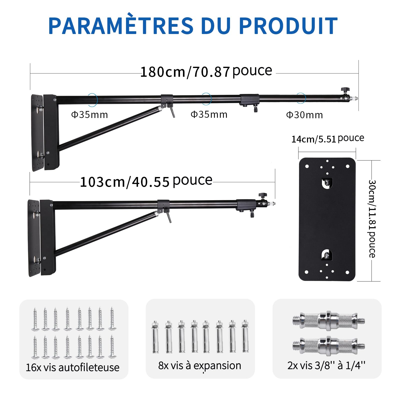 Lot de 2 Supports Muraux pour Lumière Annulaire, Bras de Suspension Triangulaire 180 cm avec Rotation à 180° - pour Studio, Vidéo, Ring Light, Photographie avec Flash, Softbox, Réflecteur
