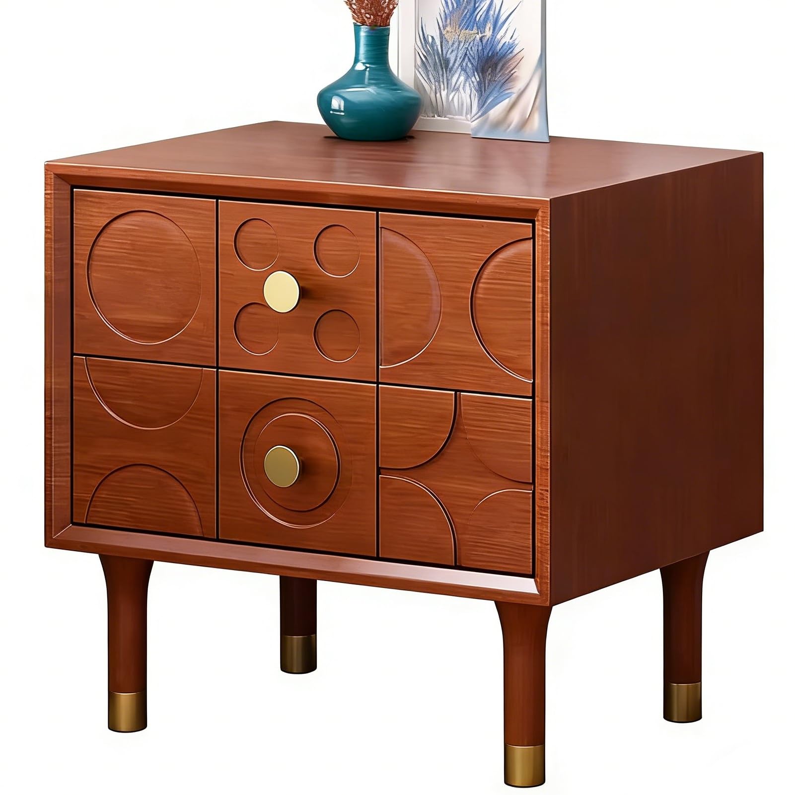 Table de chevet vintage bois massif avec 2 tiroirs de rangement sculptés