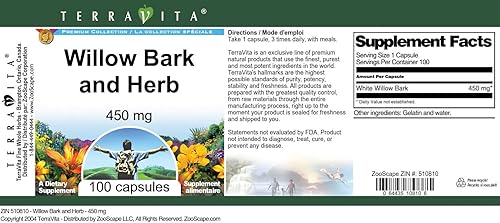 Miniatura 4 de TerraVita Corteza de sauce y hierbas - 450 mg (100 cápsulas, ZIN 510810) - Paquete de 3