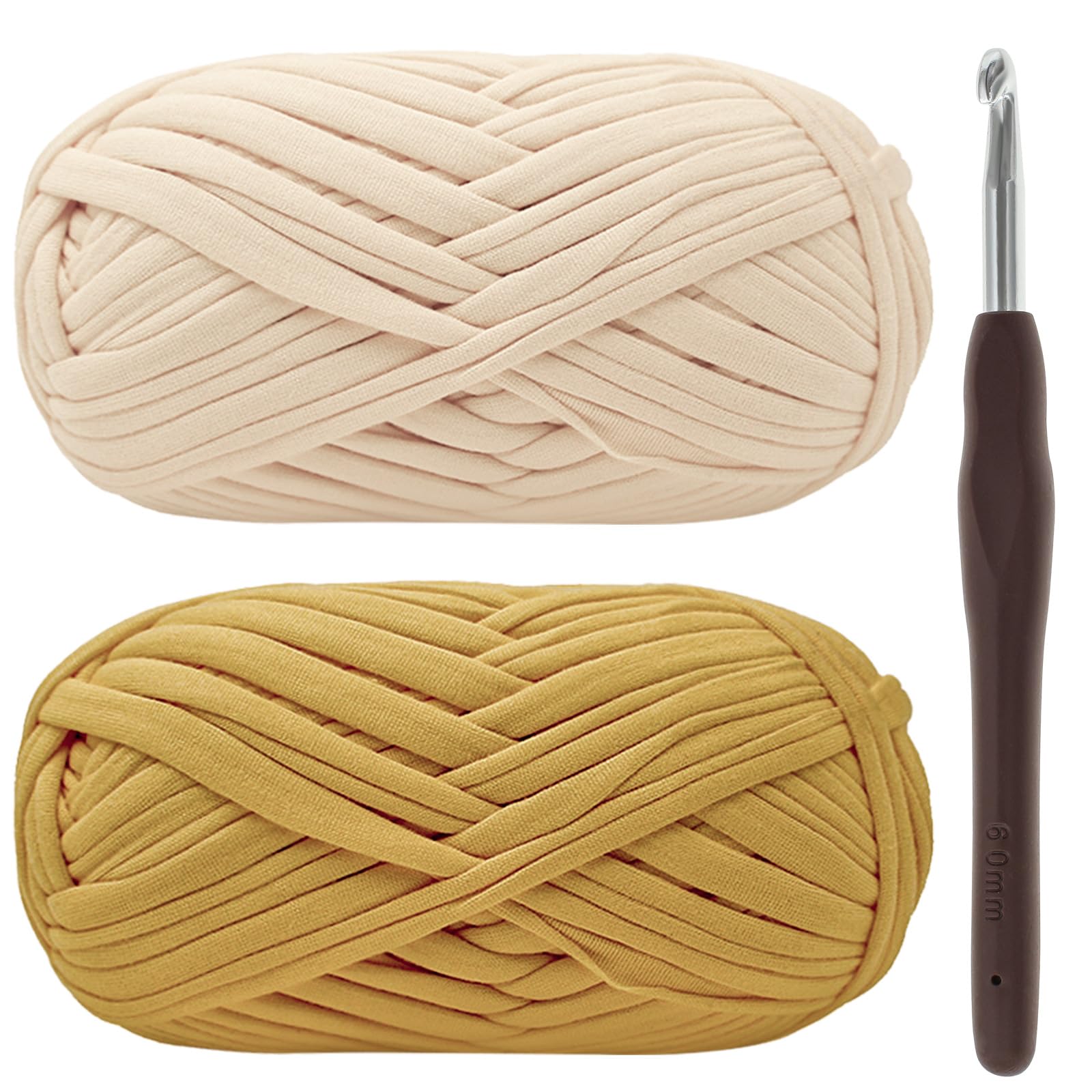 T-Shirt Yarn for Crochet and Knitting - Chunky Wool 2x100g, 6mm Hook, Elastic Fabric - Thick Yellow, yellow+cream