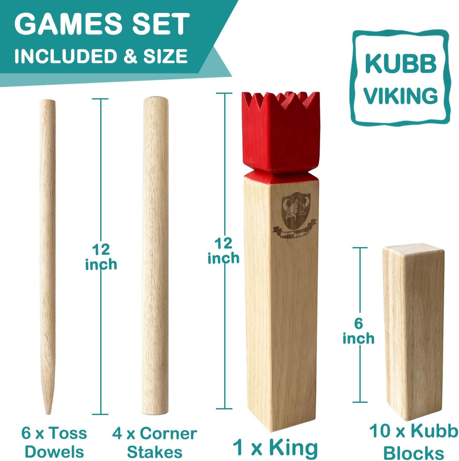 Kubb Outdoor Game | Viking Game Rubber Wood Garden Throwing Toy with Carry Bag (30 x 5 x 5 cm-King) /