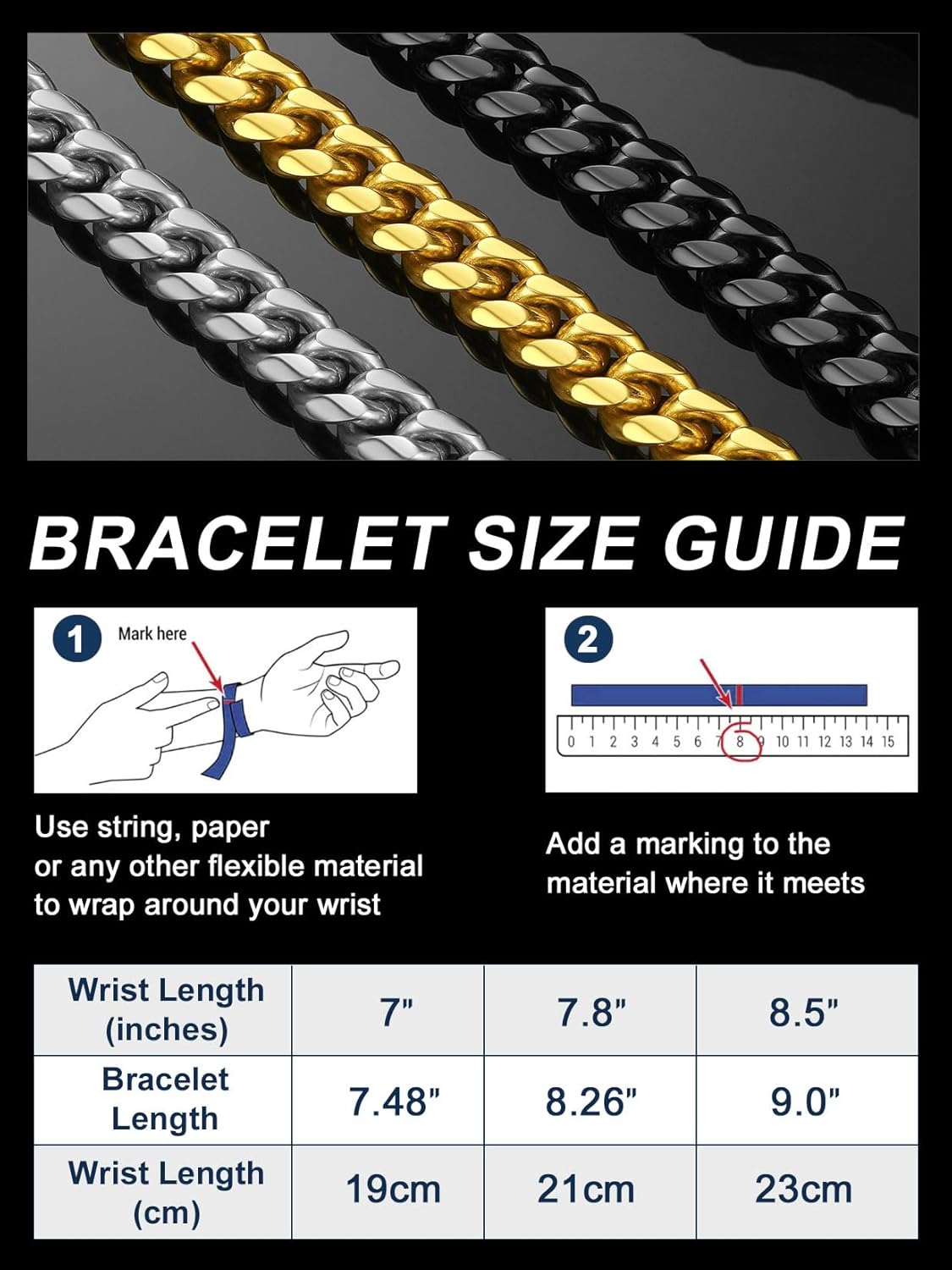 ChainsPro Cuban Link Bracelet for Mens, 6/10/14 mm, 19-21CM Length, 18K Gold Plated/316L Stainless Steel/Black-With Gift Box