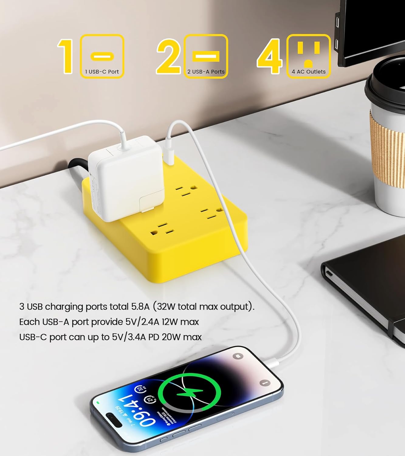 Outdoor Power Strip Weatherproof,Fast Charging Station 20W USB C,Waterproof Surge Protector 4 Outlets, Multi Outlet Extension for Camping, Garden, Kitchen,Bathroom,Flat Plug (Yellow, 6 FT Cable)