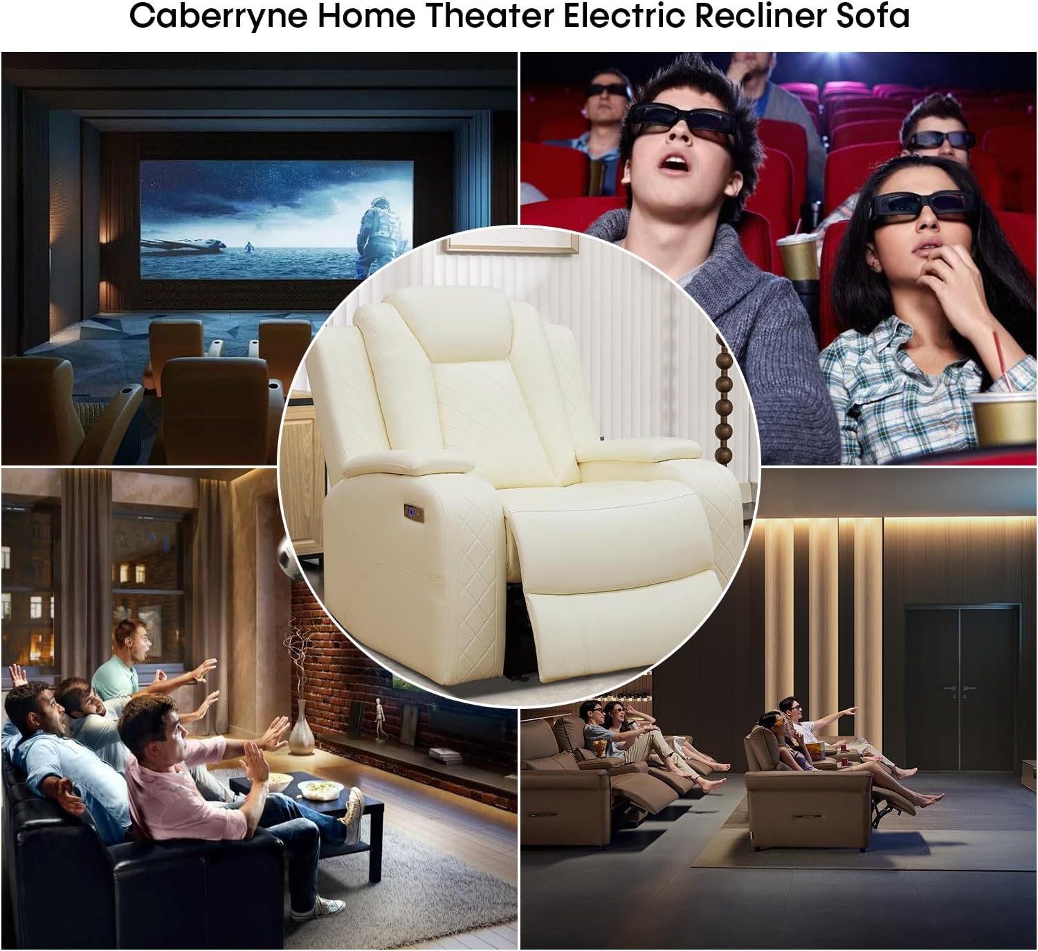 Power Recliner Sofa Set with LED Lights,Leather Reclining Chair with USB Port/Storage Console,Living Room Furniture Set for House/Home Theater/Small Space/Rv(Recliner Chair,Creamy)