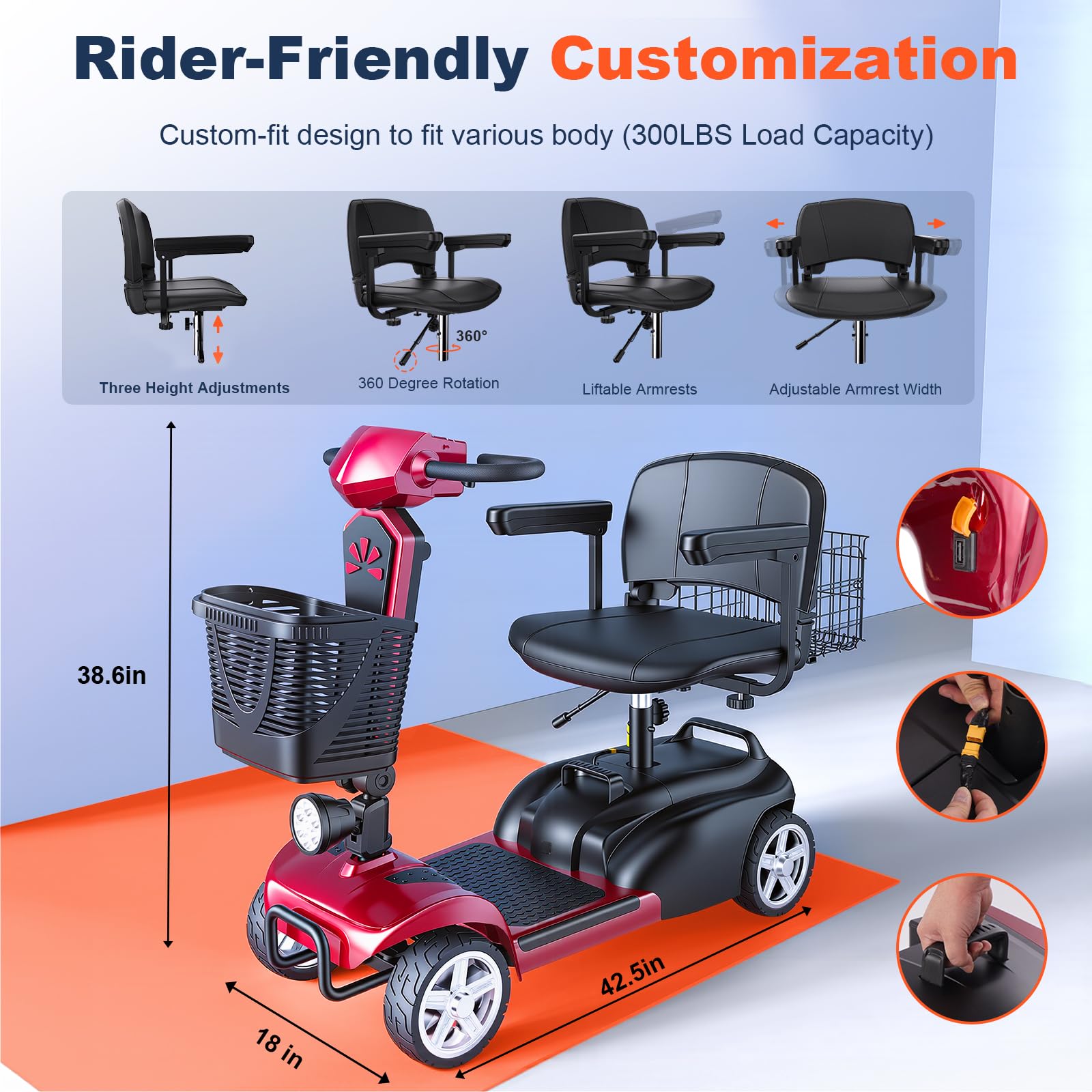 15/25/30/50Miles Eldryvon 4 Wheels Electric Mobility Scooter for Seniors, Dual Basket, 350W Powered Wheelchair with Rotating Seat, Foldable Motorized Scooter for Adult with USB Port, 300Lbs Capacity