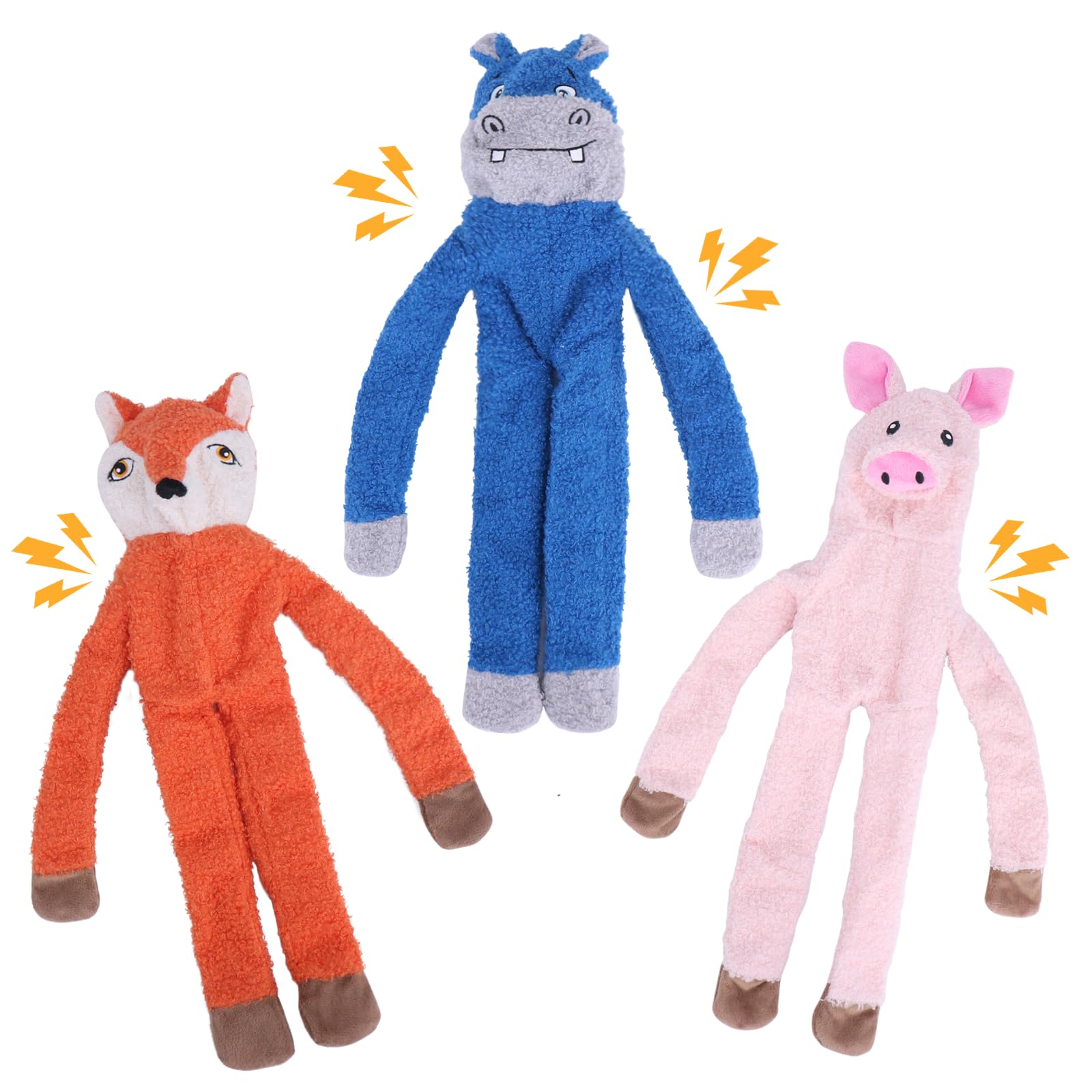 CHAWONER 3 Pack Dog Squeaky Toys, NO STUFFING Fox Pig Hippo Crinkle Plush Chew Toy,Interactive Tug of War for Boredom Relief, Durable Soft Dog Toys for Puppy Small Medium Large Dogs Birthday