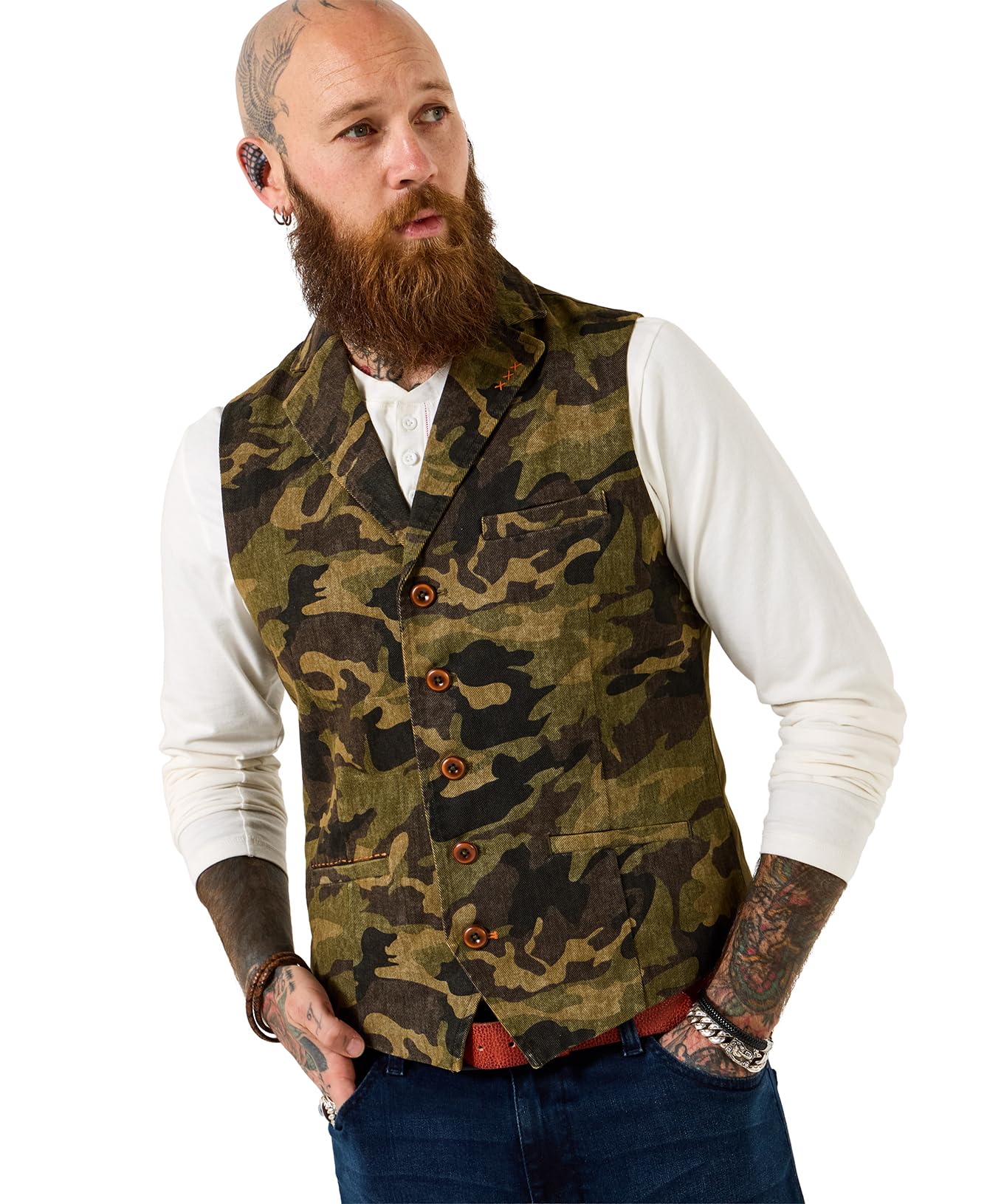 Joe Browns Men's Washed Camo Fabric Waistcoat, Regular, Green, UK 42