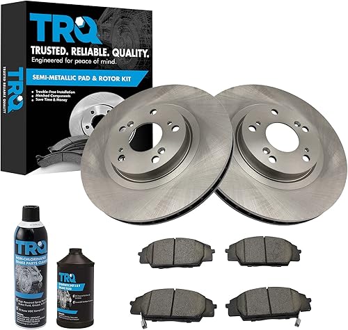 TRQ Kit de pastillas de freno delanteras y rotores Kit de productos químicos de freno Pastillas de freno Rotor de freno semi-metálico compatible con