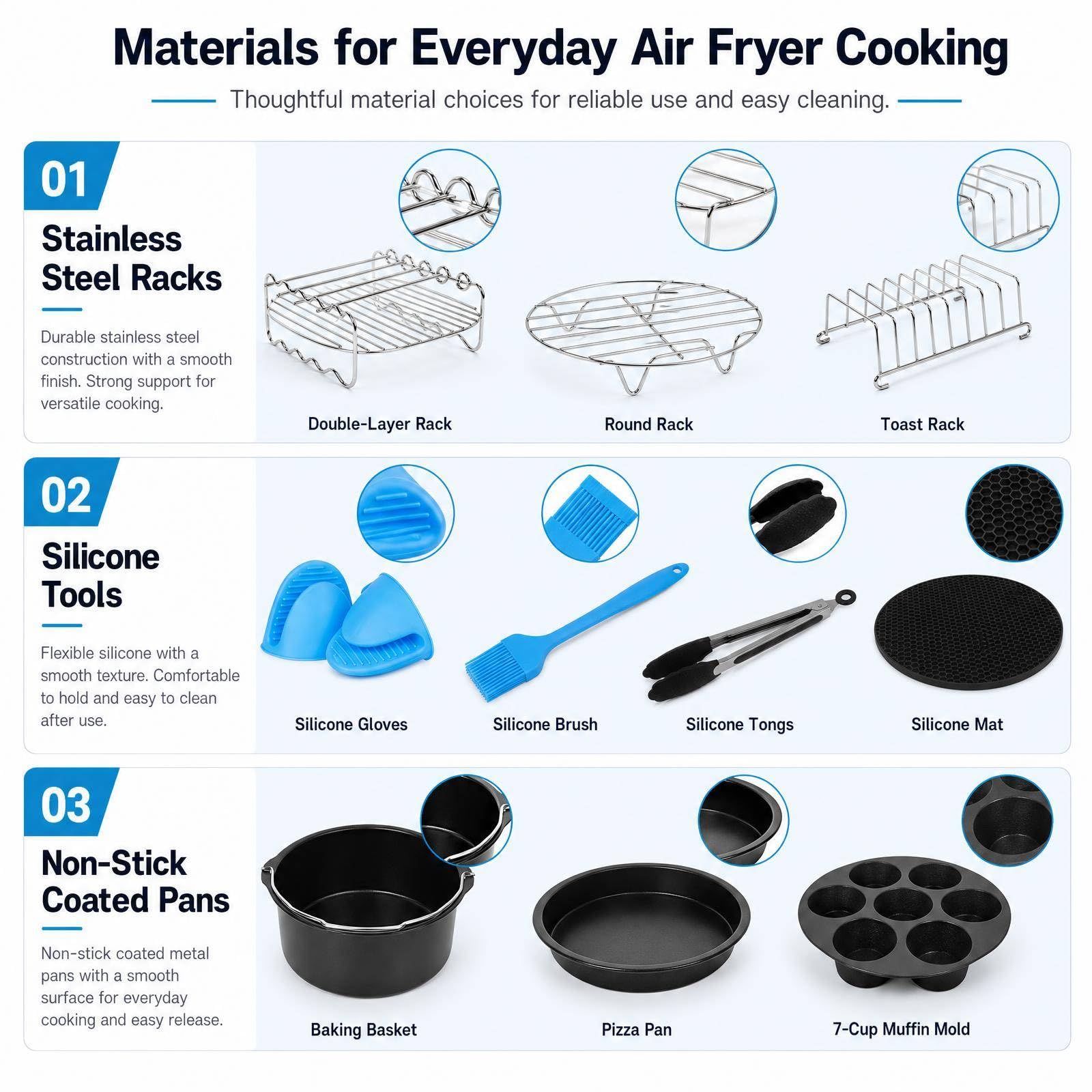 Airfryer Akcesoria 12 sztuk do frytkownicy na gorące powietrze 5,0-5,5 l, zestaw akcesoriów 20 cm z koszem do pieczenia, patelnią do pizzy, grillem ze stali nierdzewnej, uchwyt na