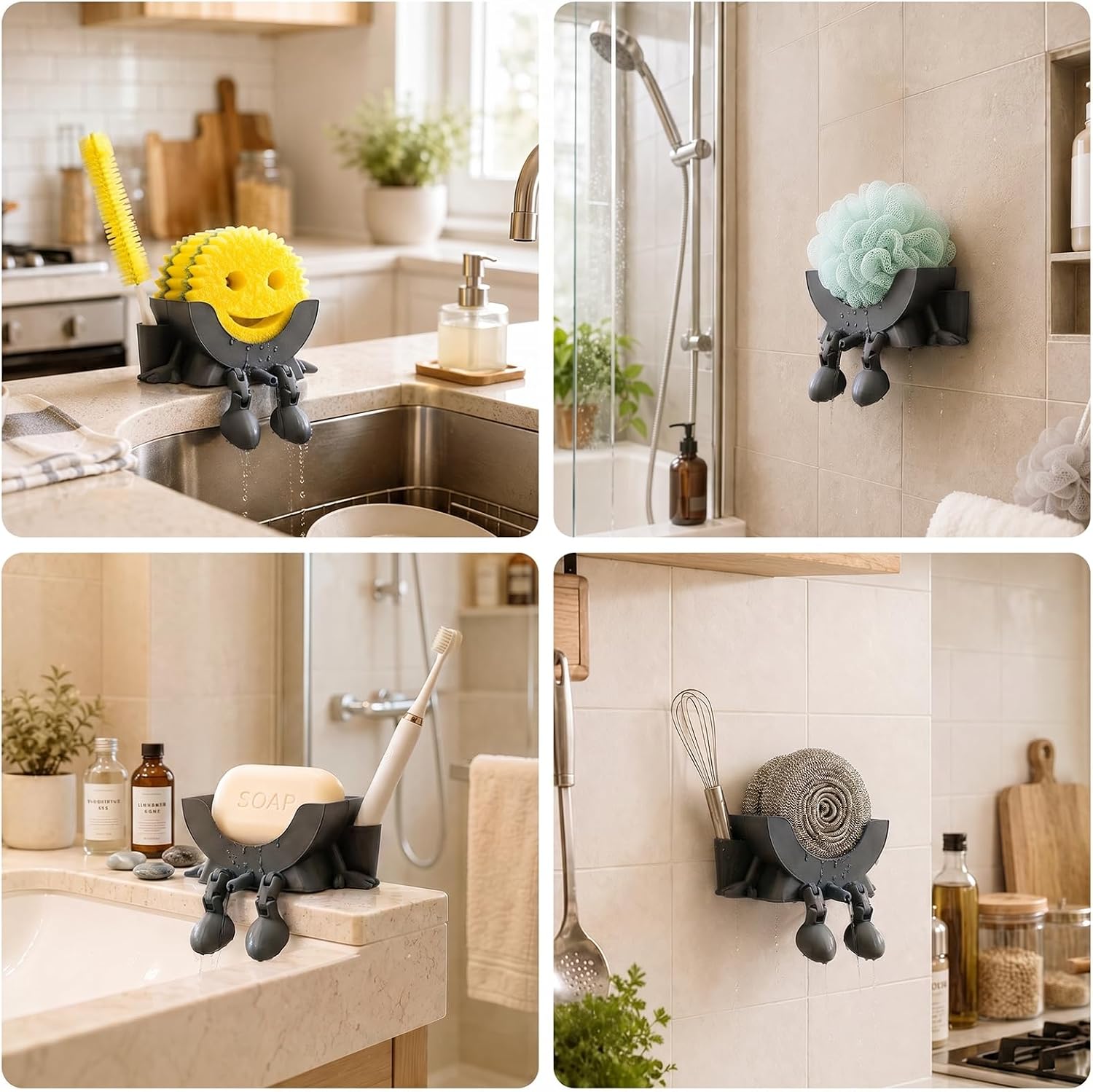 Cute Sponge Holder for Scrub Daddy Improved Drain Holes, funny Design Sponge Holder,Capacity upgrade double layer ，with Traceless Adhesive Backing Ideal for Kitchen Sink Decor（Black）
