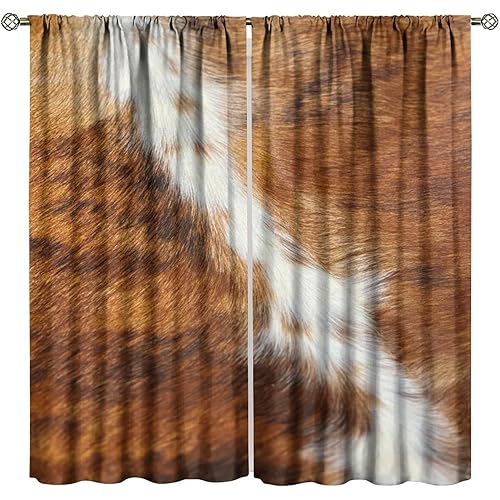 Cowhide Window Curtain,Rustic Western Farm Animal Fur Window Treatments,Brown White Farmhouse Cow Print for Bedroom Living Room Kitchen Drapes 2 Panels Set,Total Size 84 x 84 Inch