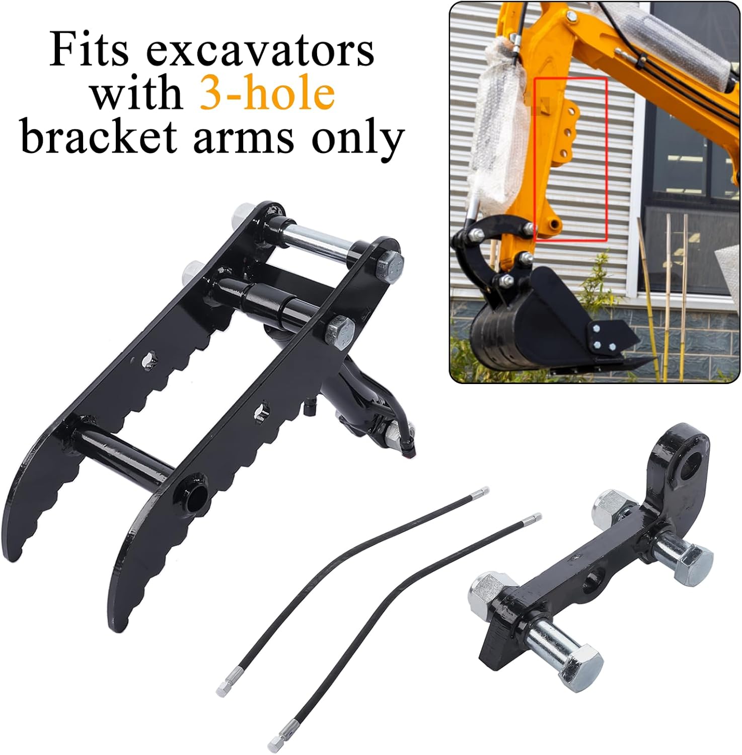 Hydraulic Thumb Clip Attachment for Mini Excavators up to 3 Tons, 3-Hole L-Shaped Heavy-Duty Excavator Thumb Clamp Bracket Compatible with Typhon TYPH-1801, TYPH-1802, AGT QH12 with 2* Hoses