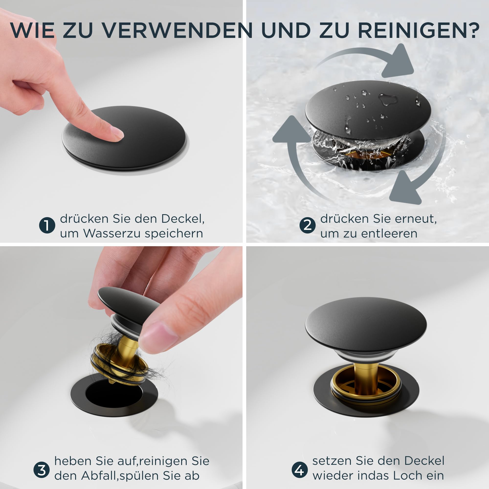 FORIOUS Wasserhahn Bad Schwarz mit Ablaufgarnitur, Edelstahl Wasserfall Waschbeckenarmatur mit Auslaufhöhe 80MM, Einhebel-Mischbatterie für Kaltes und Warmes Wasser im Badezimmer