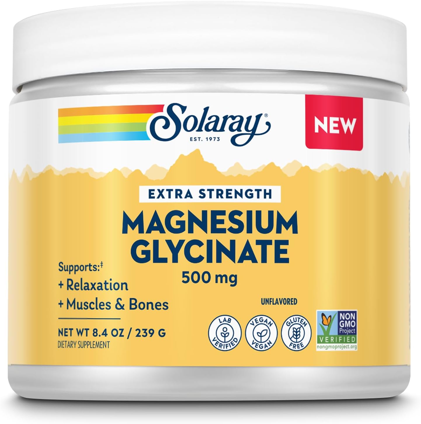 SOLARAY Magnesium Glycinate 500mg Powder - Extra Strength, Unflavored Magnesium Supplement for Bone, Muscle and Relaxation Support - Vegan, Gluten Free, Non-GMO, 60-Day Guarantee - 30 Servings, 8.4 OZ
