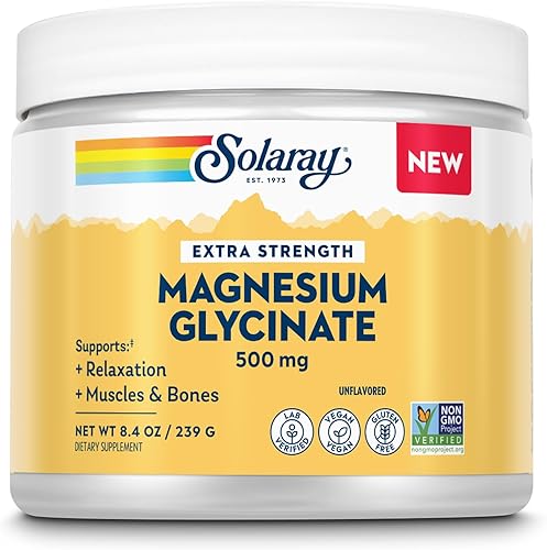 SOLARAY Polvo de glicinato de magnesio de 500 mg  Suplemento de magnesio extra fuerte, sin sabor para apoyo óseo, muscular y de relajación, vegano,