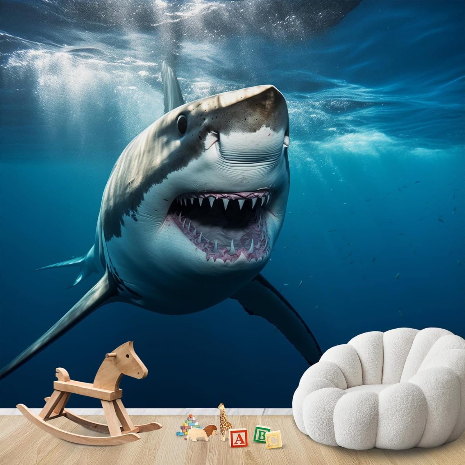 hgjdjhnf Photo Wallpaper 3D Effect Shark Underwater World Non-Woven ModernWallpaper Living Room Bedroom Children's RoomDecoration Motif Wallpaper,350cmx256cmSticker - Background- Painti