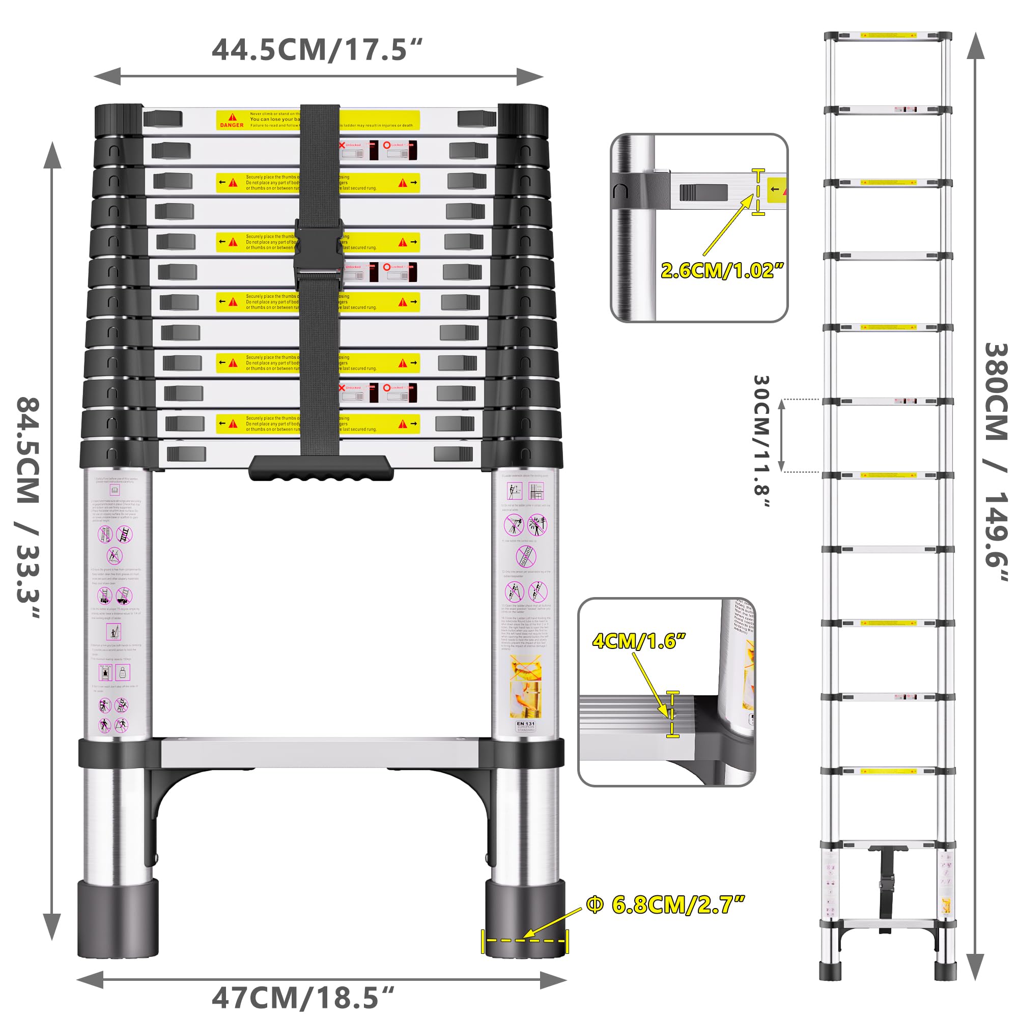 Escalera telescópica de Acero Inoxidable, 3,8m Escalera Extensible Portátil con Patas Antideslizantes, Ideal para áticos, techos, autocaravanas, decoración y Mantenimiento