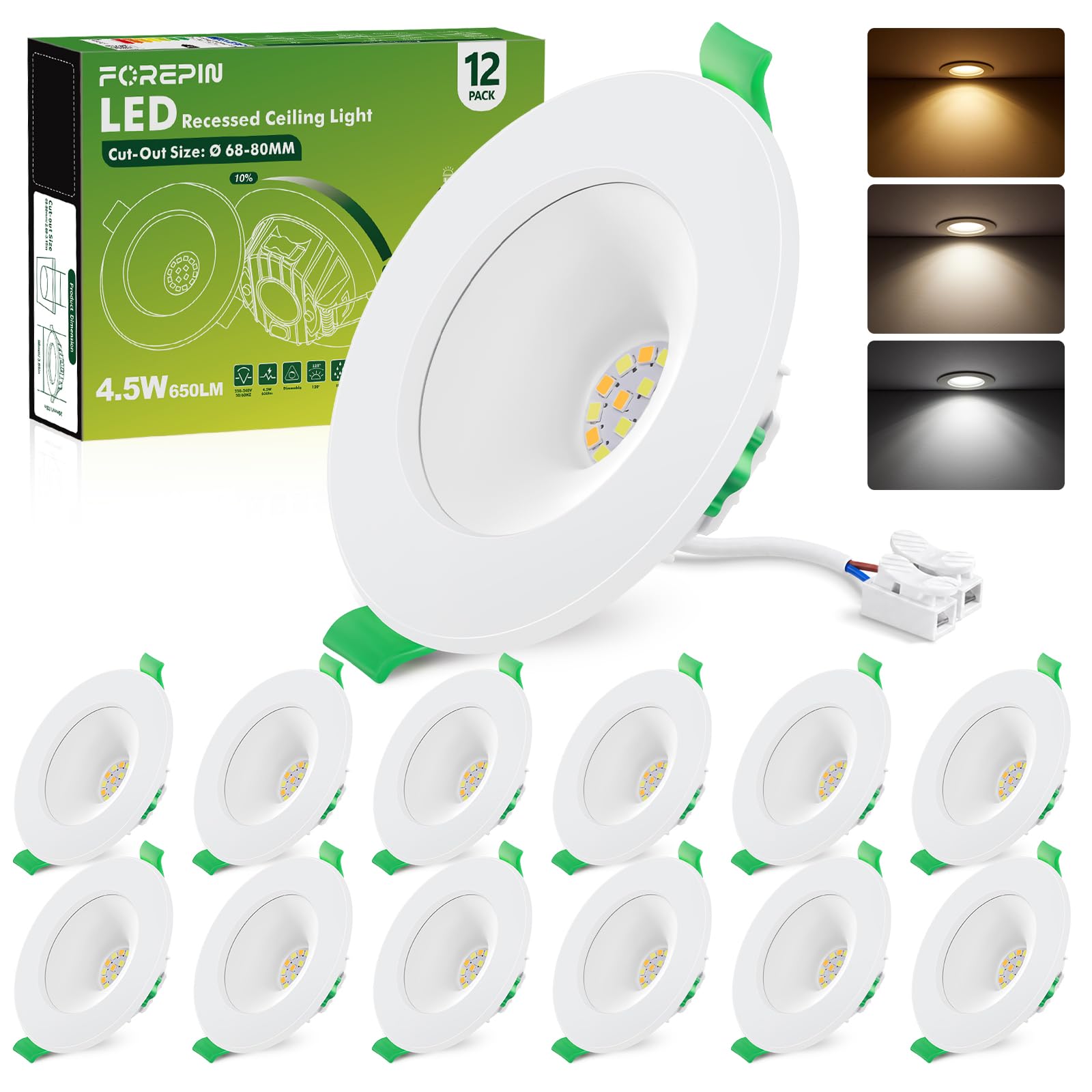 LED Einbaustrahler 230V Dimmbar, 4.5W 650LM LED Spot 68-80mm Lochmaß, Einbauleuchten Deckenspots Ultra Flach IP44, 3000K/4000K/6500K Einbauspots für Badezimmer Wohnzimmer Küche, 12er Set
