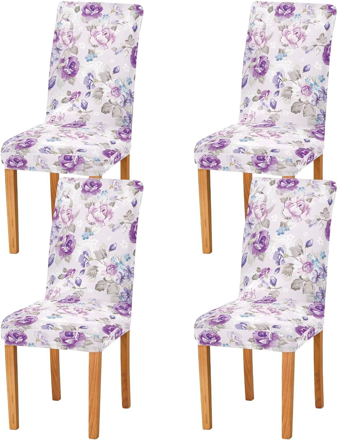 Purple Rose Flower Watercolor Dining Chair Covers Set of 4, Stretch Kitchen Chair Slipcover Washable Removable Chair Covers Protector for Dining Room, Hotel and Ceremony