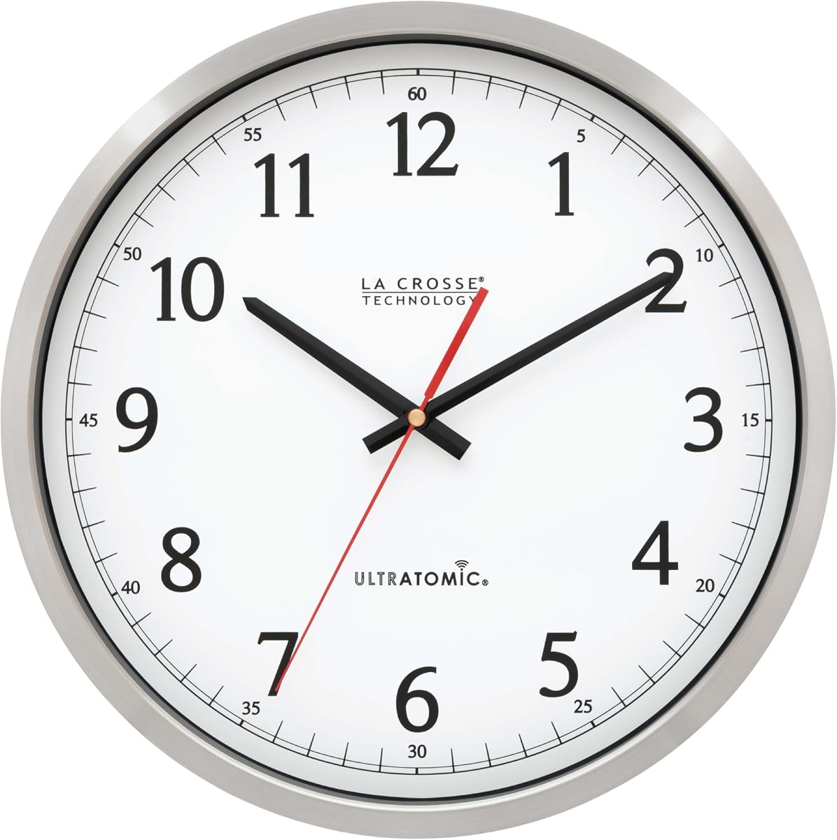 404-1235UA-PL UltrAtomic 14 inch Stainless Steel Wall Clock, Shatterproof Lens, Silver