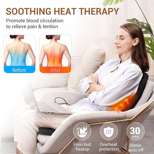 Miniatura 5 de Masajeador de espalda con calor, funda de asiento con calefacción con 5 nodos de masaje vibratorios y 2 niveles de calor, almohadilla para silla de