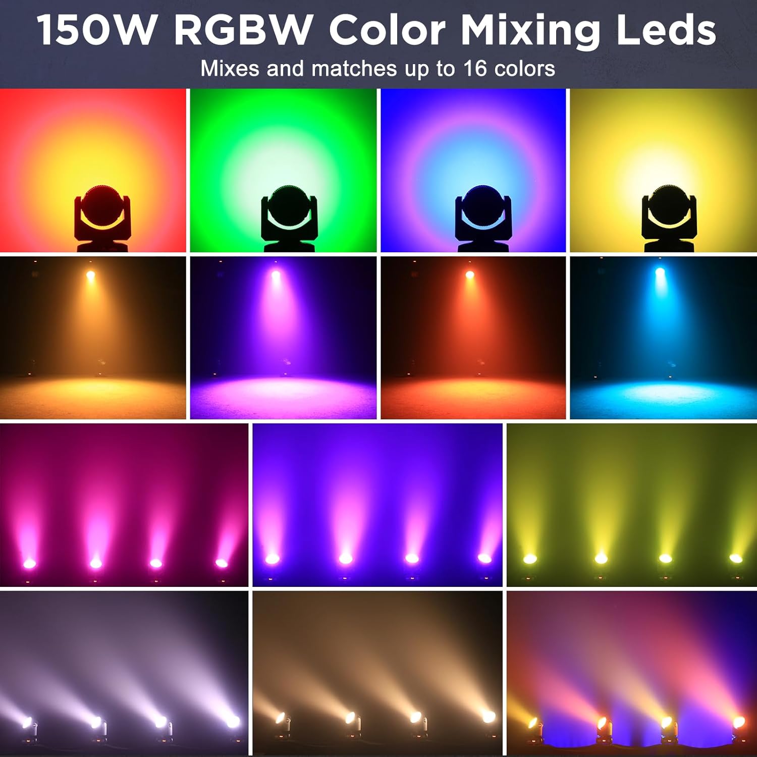 Grid displaying 16 different color mixing possibilities from the 150W RGBW LEDs.