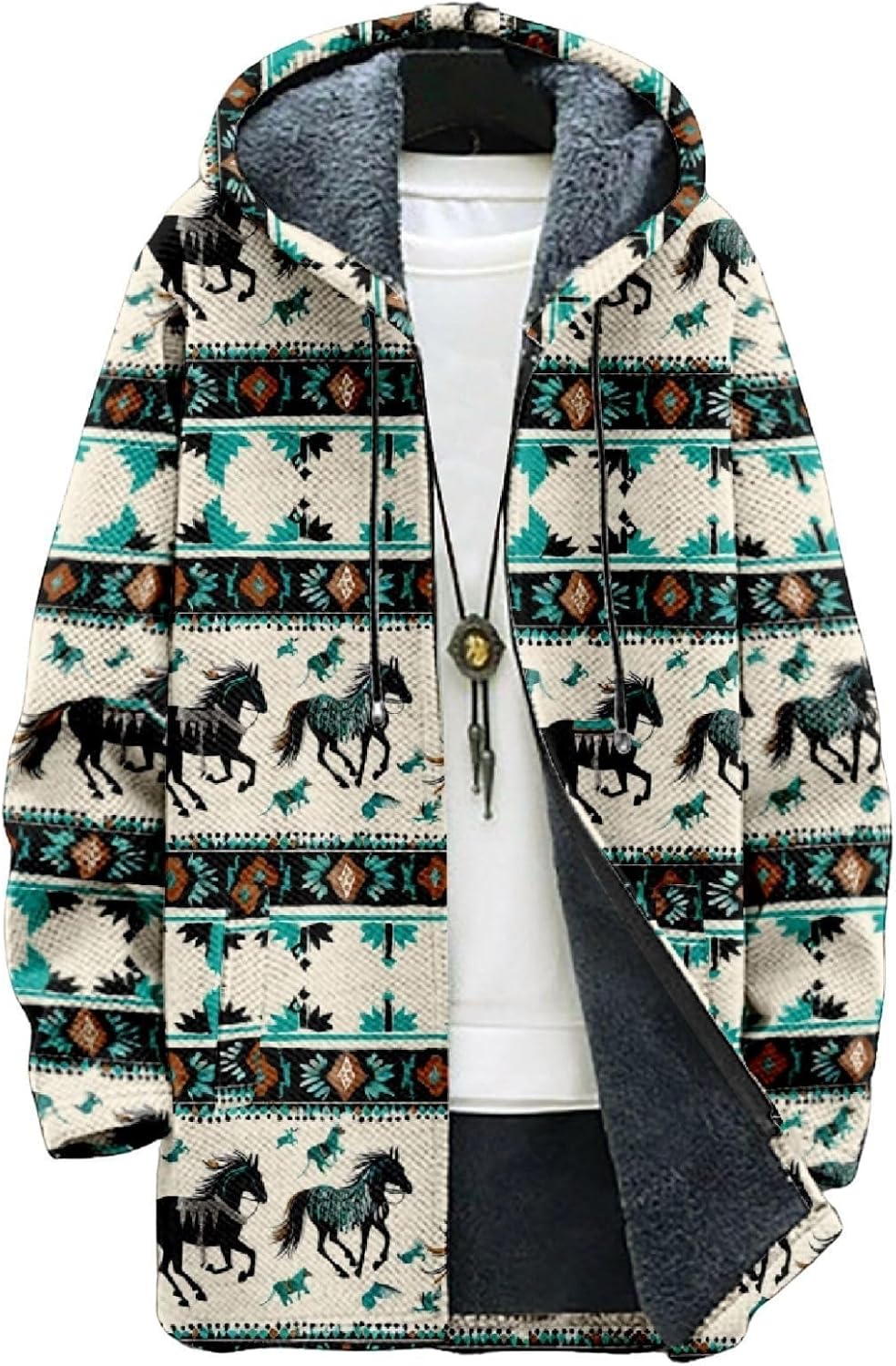 2025 Men's Ethnic Pattern Hooded Jacket Long Cardigan Hoodies Full Zip Vintage Knitted Zipper Coat with Pocket