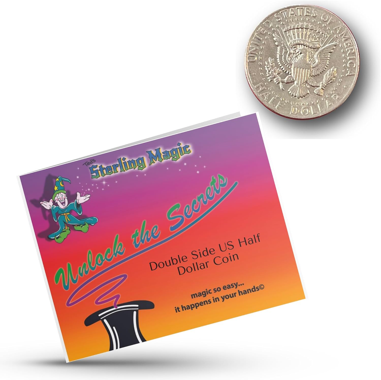 Ted's Sterling Magic Double Heads Half Dollar Coin with Video Instructions | Genuine US half dollar with trick instructions included. Perfect for coin magic routines and beginner or pro magicians alike.