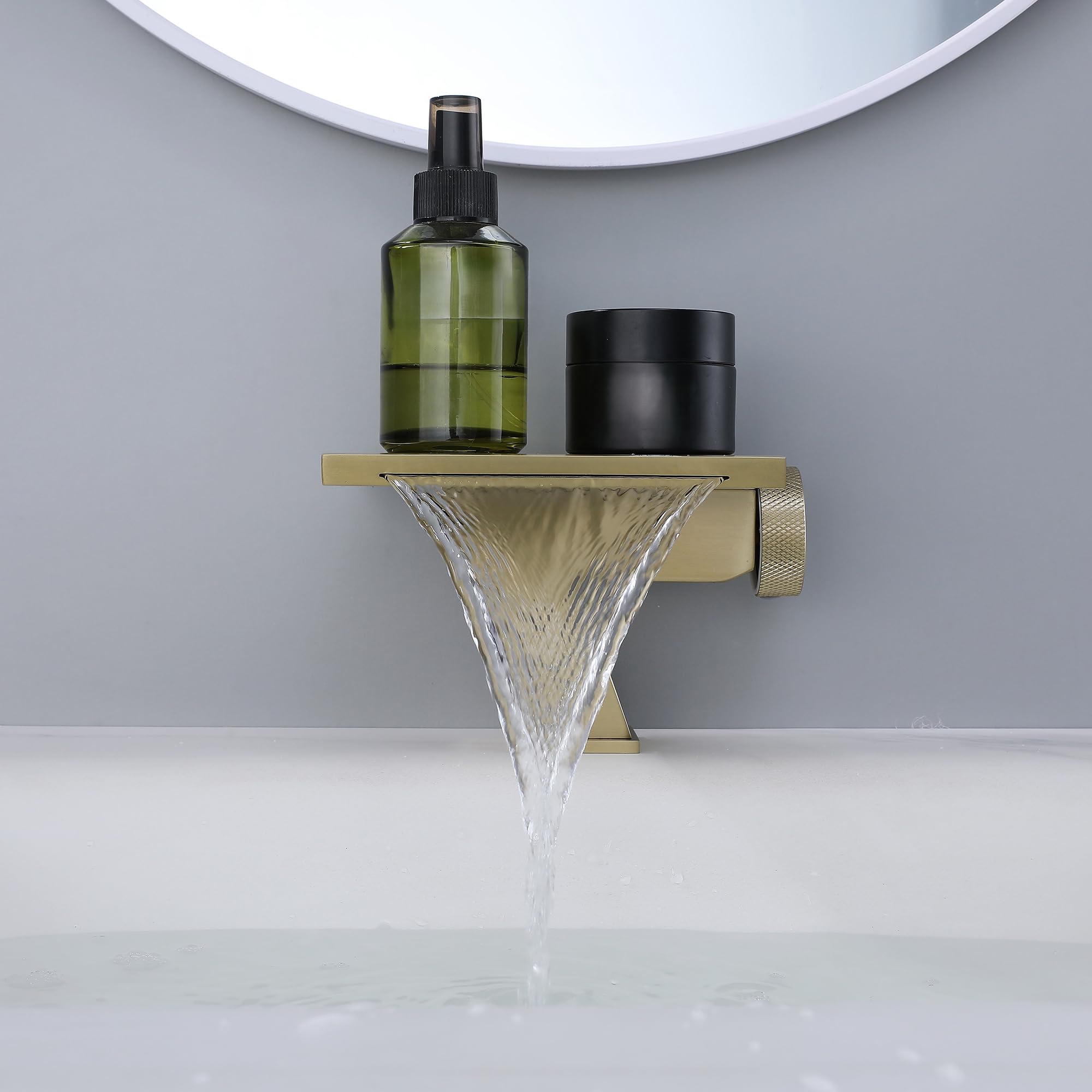 Rubinetto Bagno Lavabo a Cascata Oro Spazzolato,Miscelatore Lavabo Bagno in Ottone, Rubinetto Lavandino Bagno Moderno, Miscelatore Bagno Lavabo Monocomando per Lavabo