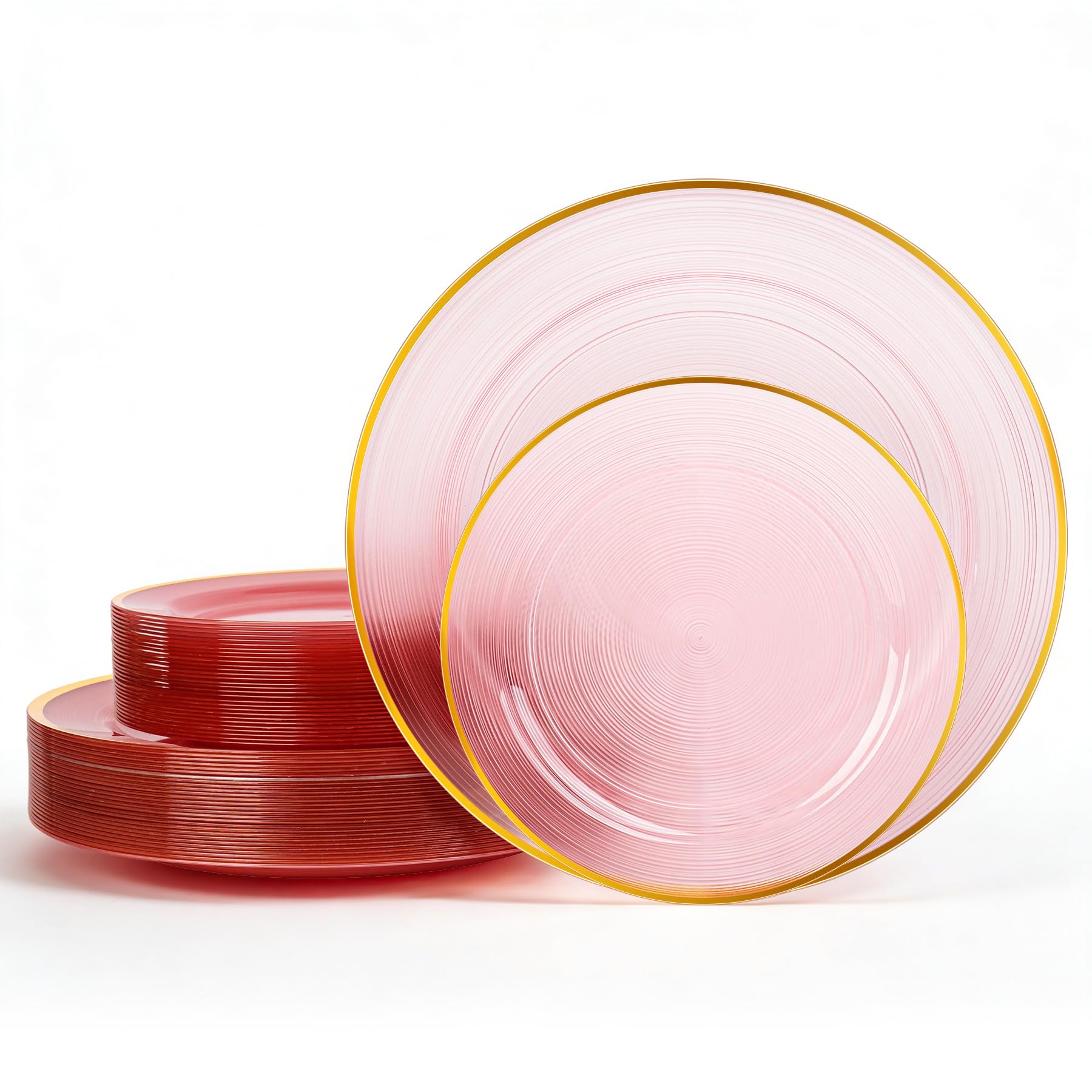 120PCS Pink Plastic Plates with Gold Rim, Heavy Duty Disposable Plate, Fancy and Elegant Circular Ribbed 60 Dinner and Dessert Plates for Party, Weddings