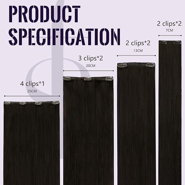 Fshine Clip in Extensions Echthaar Dunkelbraun, 35 cm, 120 g 7 Stücke, Kopfhautschonend, Remy Echthaar Clip in Extensions, Farbe 2 - 5