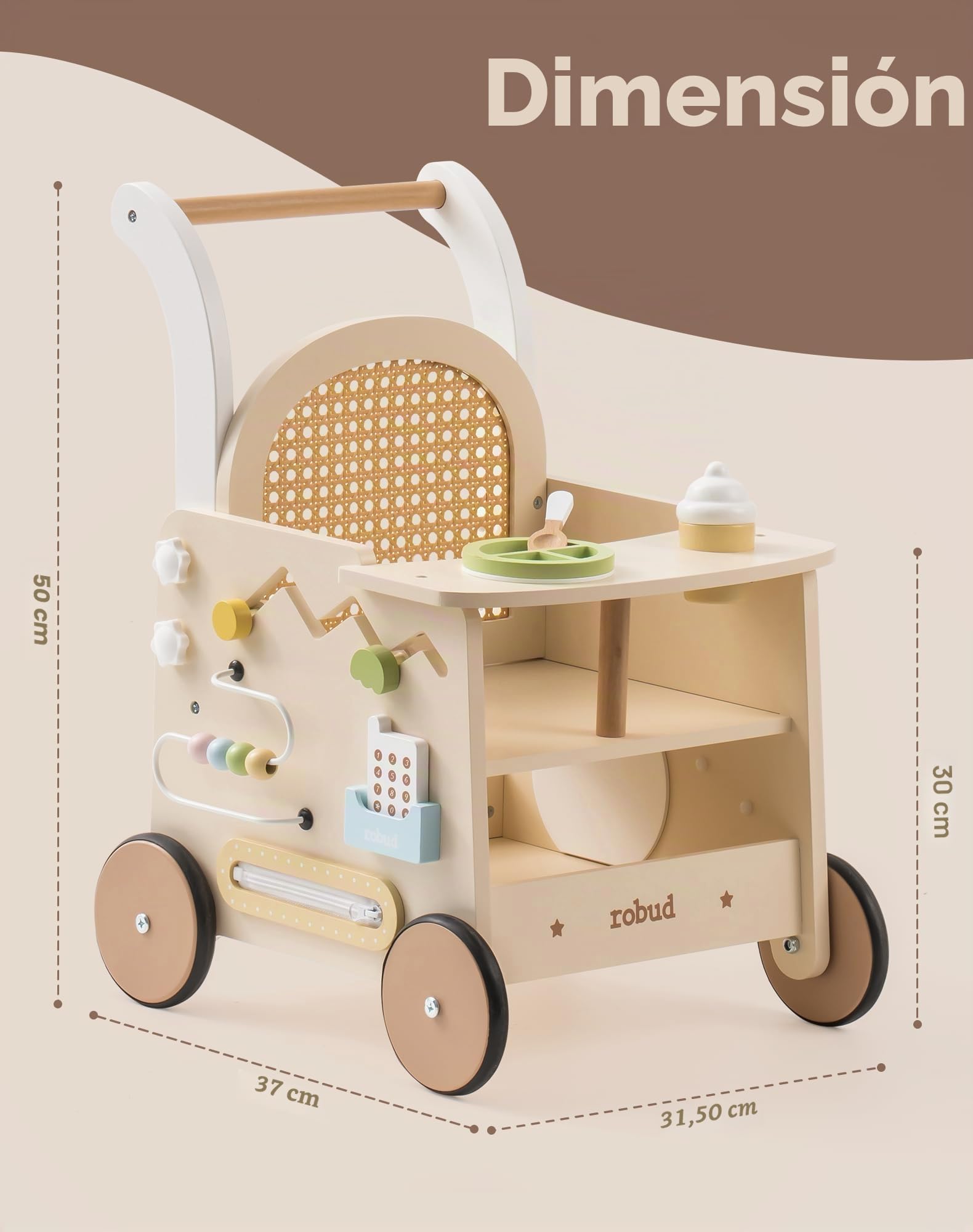 ROBUD Andador de madera 2 en 1 con muñeco, actividad Montessori, freno de seguridad y juguete para motricidad infantil