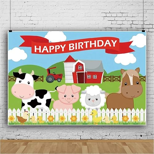 Miniatura 2 de Renaiss Fondo de cumpleaños de animales de granja de dibujos animados de 7 x 5 pies, bonito telón de fondo de valla de vaca, granjero, casa de