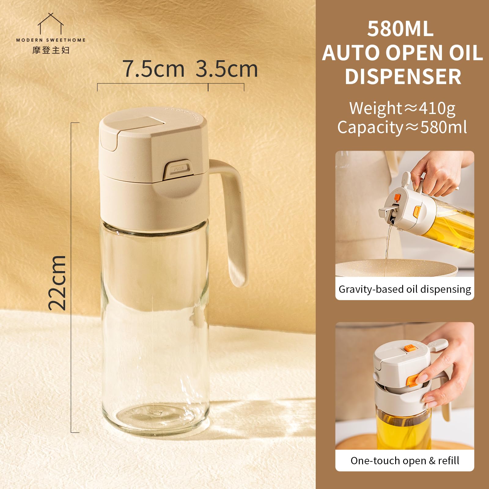 MDZF SWEET HOME 20.5oz Glass Olive Oil Bottle Dispenser - 580ml Green Oil and Vinegar Cruet - Olive Oil Carafe Decanter for Kitchen with Automatic Open-Close Lid