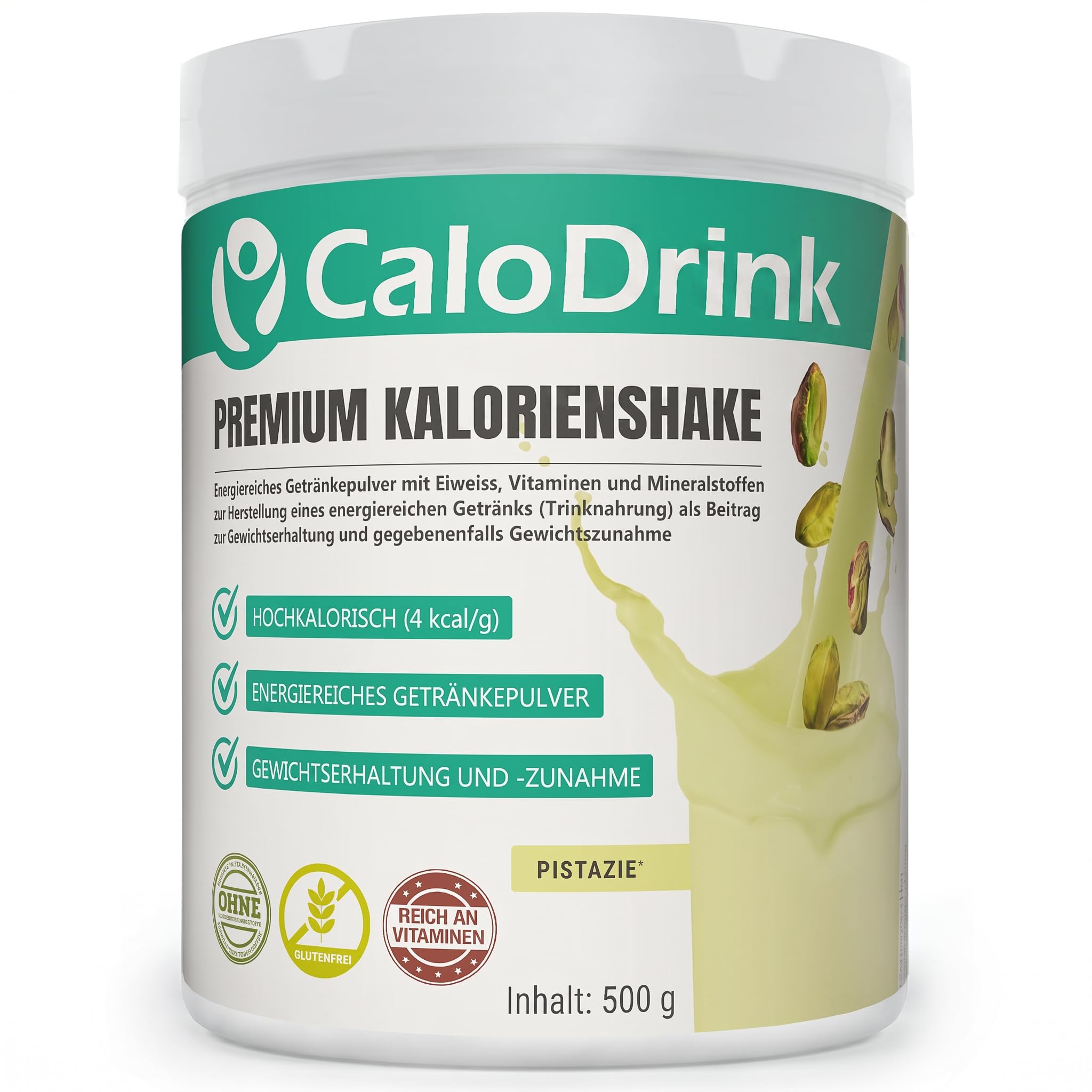 CaloDrink Hochkalorische Trinknahrung für gezielte Gewichtszunahme & Energiezufuhr | Hochdosiert mit vielen Vitaminen + Mineralstoffen + Eiweiß | Deutsche Premium Qualität (Pistazie 500g)