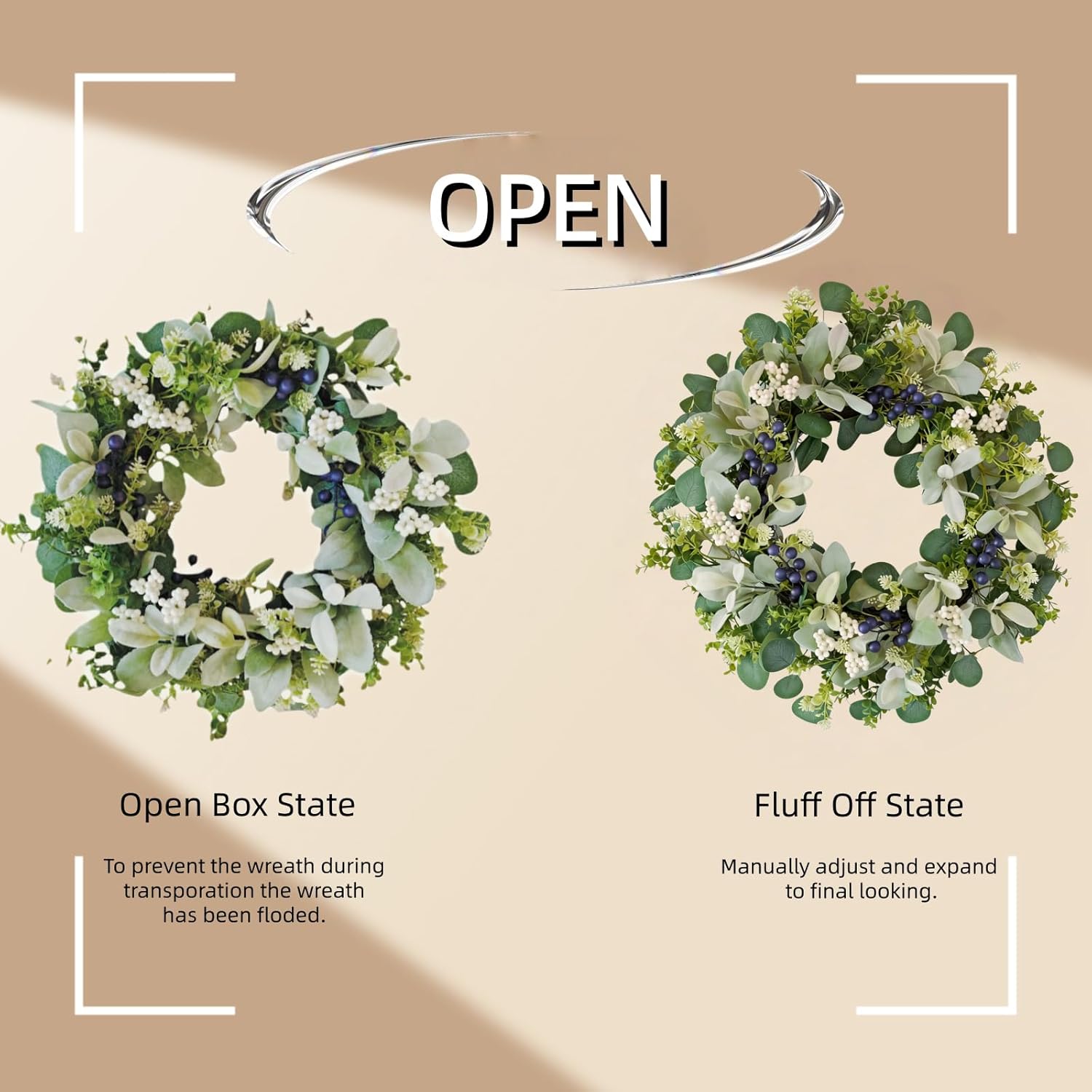 22 Inch Wreaths for Front Door, Green Spring Summer Wreath with Faux Lamb's Ear, Eucalyptus Leaves, White & Blue Berries, and Blossoms – All-Season Porch, Wall, Home, Farmhouse Decor