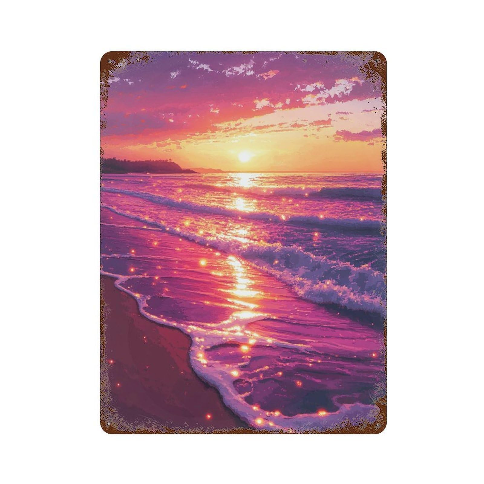 Beach Sunset Painting Vintage Rust Metal Sign 15.7"x11.8", Classic Wall Plaque for Garage, Pub Or Kitchen