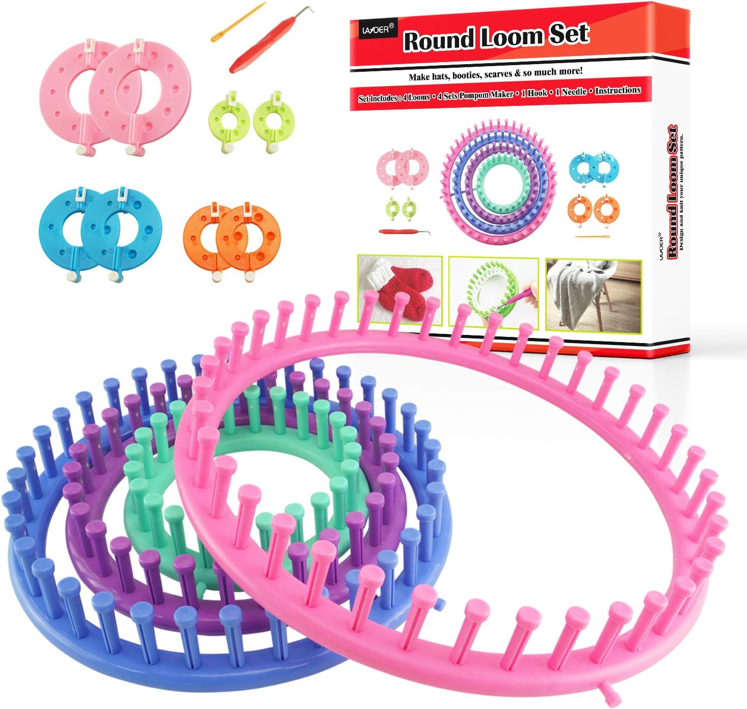 LAYOER Round Knitting Loom Set Pompom Ball Maker with Needle Hook Circle Hat Looms