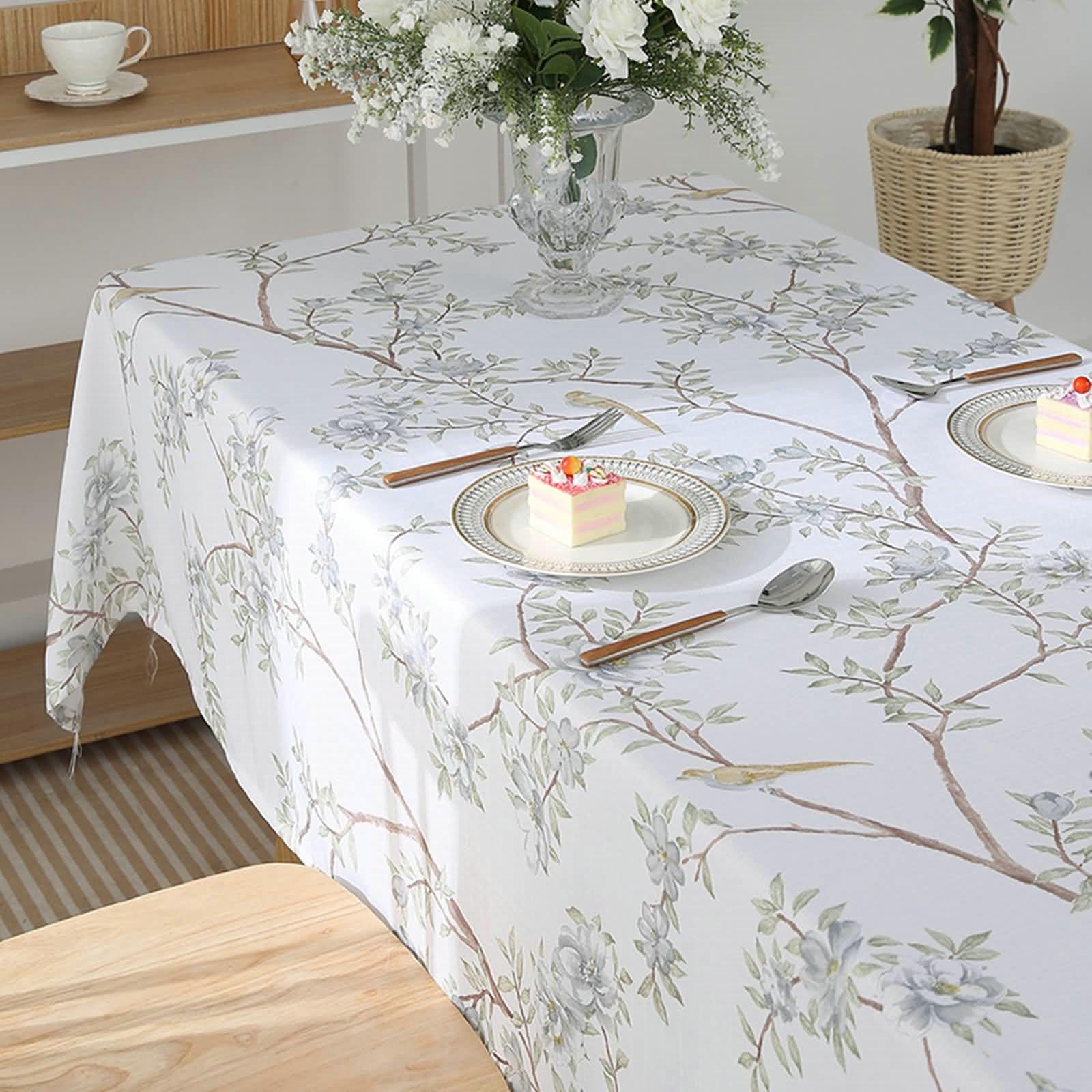 Tovaglia Tavola 140 x 220cm, Tovaglia Lavabile Rami di Alberi e Uccelli Tovaglia Rettangolare Verde Chiaro Bianco