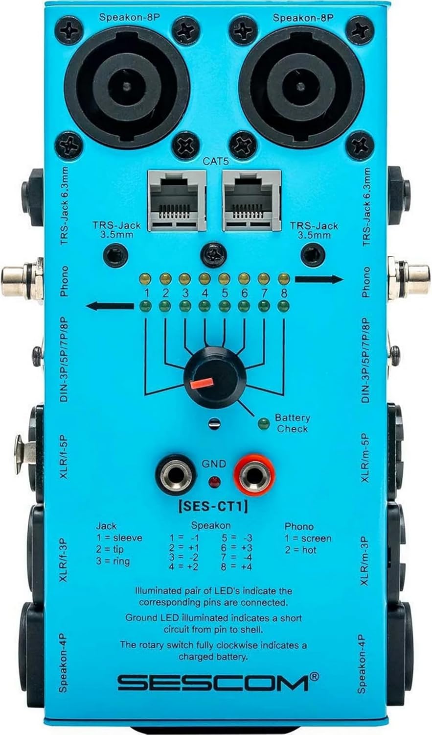 Sescom SES-CT1 Professional Audio & Ethernet Cable Tester – Tests XLR (3-pin/5-pin), RCA/Phono, TRS ¼″ & 3.5 mm, SpeakON 4-pole/8-pole, DIN (3/5/7/8-pin), and RJ45 CAT5