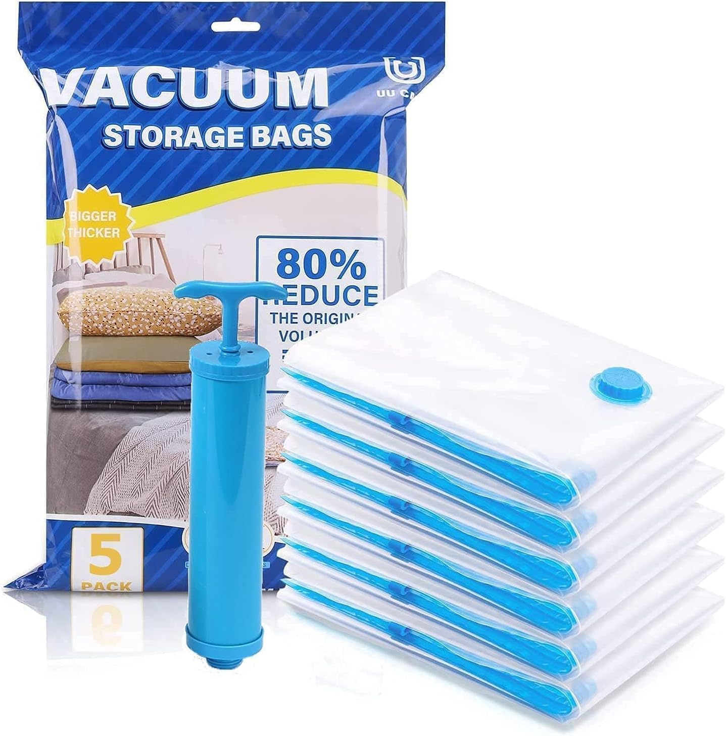 Vacuum Storage Bags for Clothes with Hand Pump – 5-Pack Space Saver Bags for Travel & Home – Self-Compression Organizer for Blankets, Comforters, Jackets & Sweaters