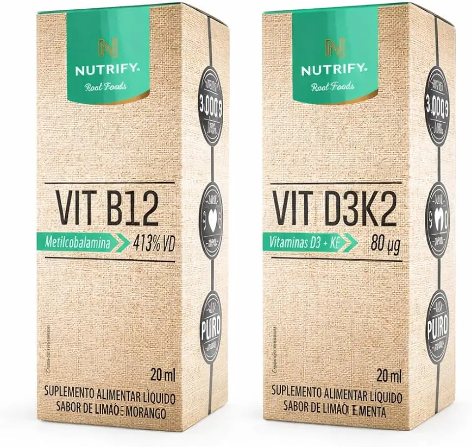 Kit Vitamina B12 Metilcobalamina 20ml + Vitamina D3K2 20ml Nutrify – Alta Absorção e Suporte Imunológico