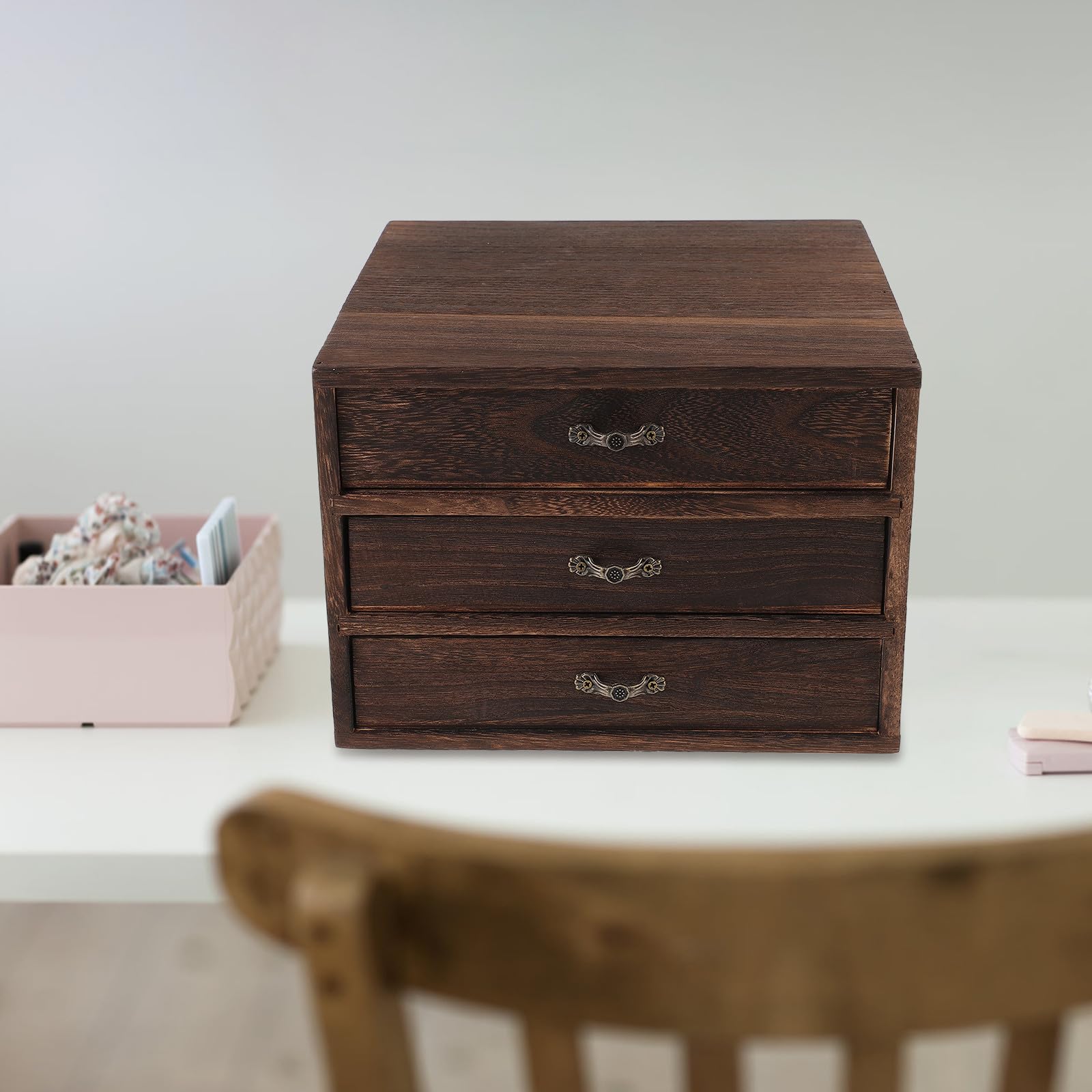 jojofuny Schreibtisch Organizer Holz mit Schublade 3 Stöckige Aufbewahrungsbox 23X23X17cm Vintage Kommode für Büro und Wohnzimmer Praktische Lösung für Schmuck und Geschenkaufbewahrung